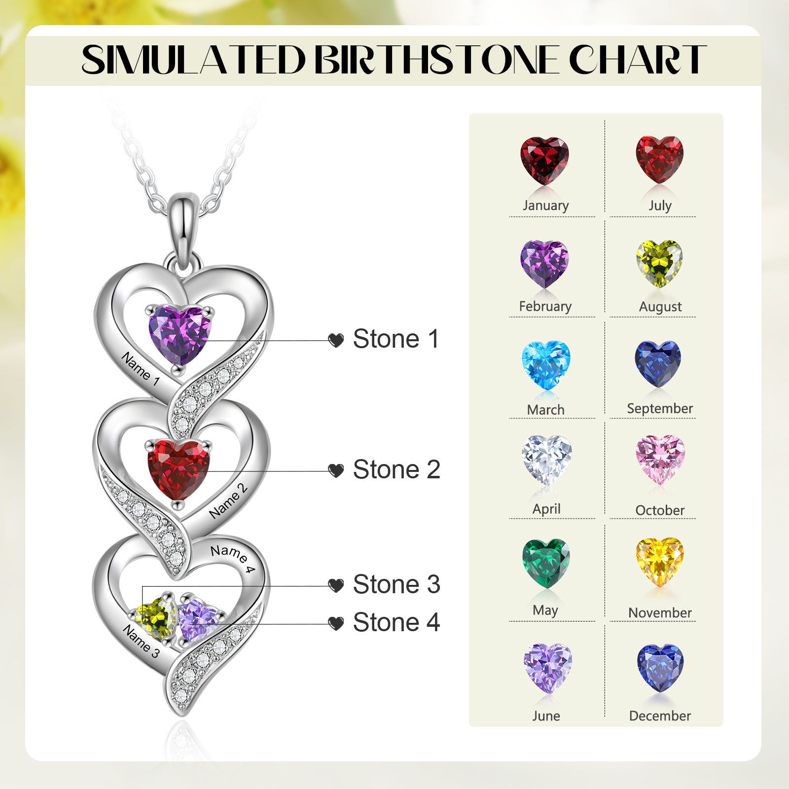 Personalised Mothers Pendant Necklace with 2-5 Heart Simulated Birthstone Custom Engraved Family Name Necklace for Women Mom Christmas