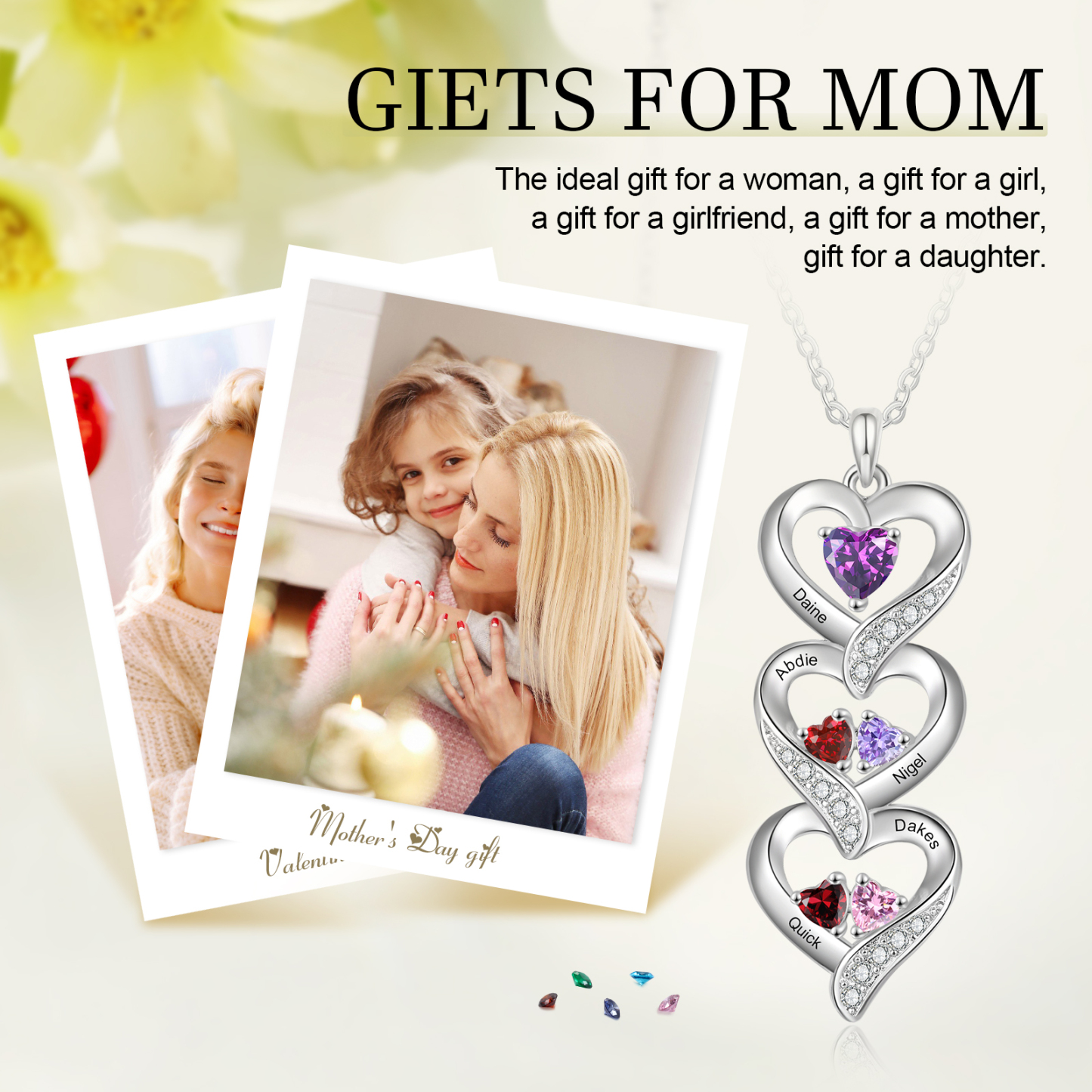 Personalised Mothers Pendant Necklace with 2-5 Heart Simulated Birthstone Custom Engraved Family Name Necklace for Women Mom Christmas