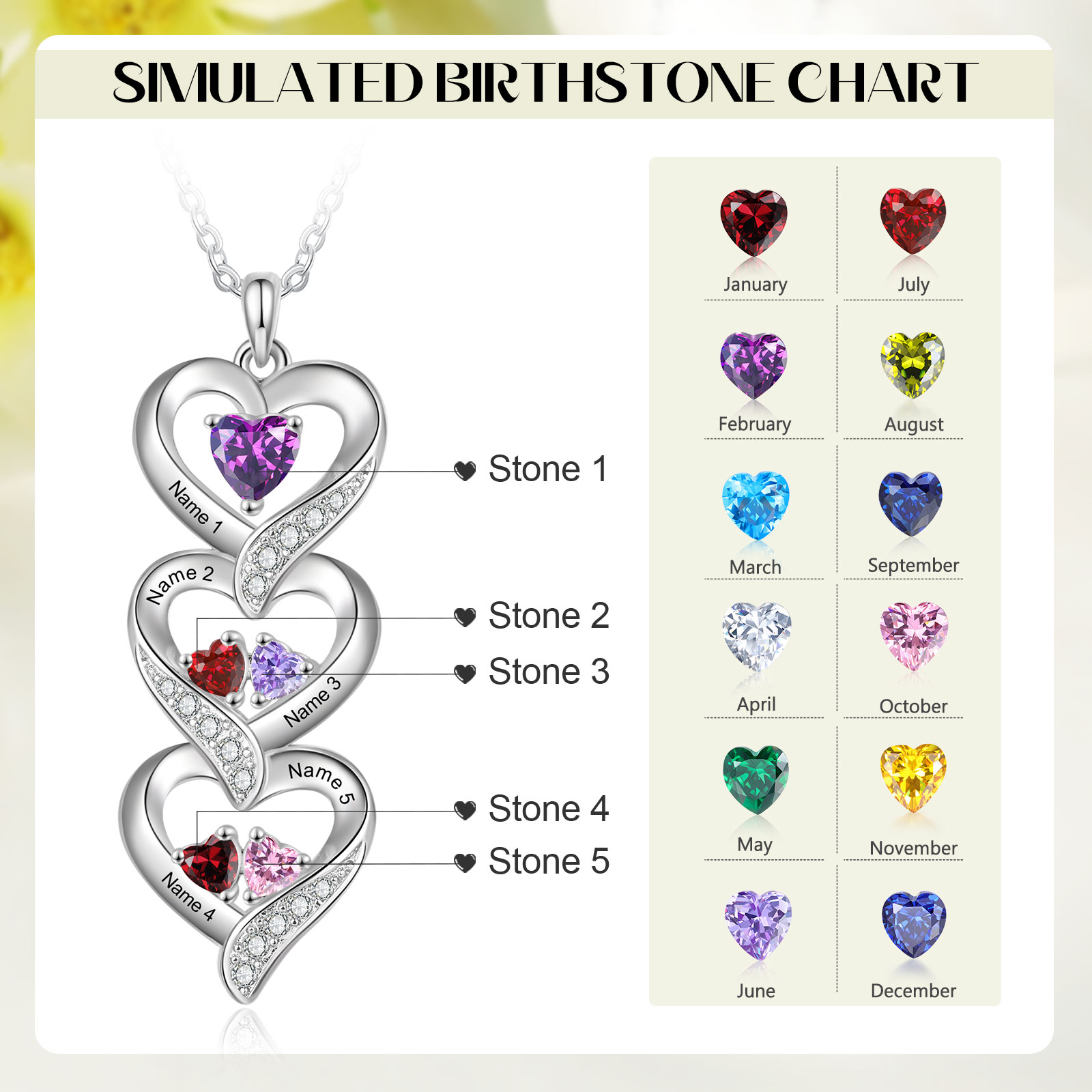 Personalised Mothers Pendant Necklace with 2-5 Heart Simulated Birthstone Custom Engraved Family Name Necklace for Women Mom Christmas