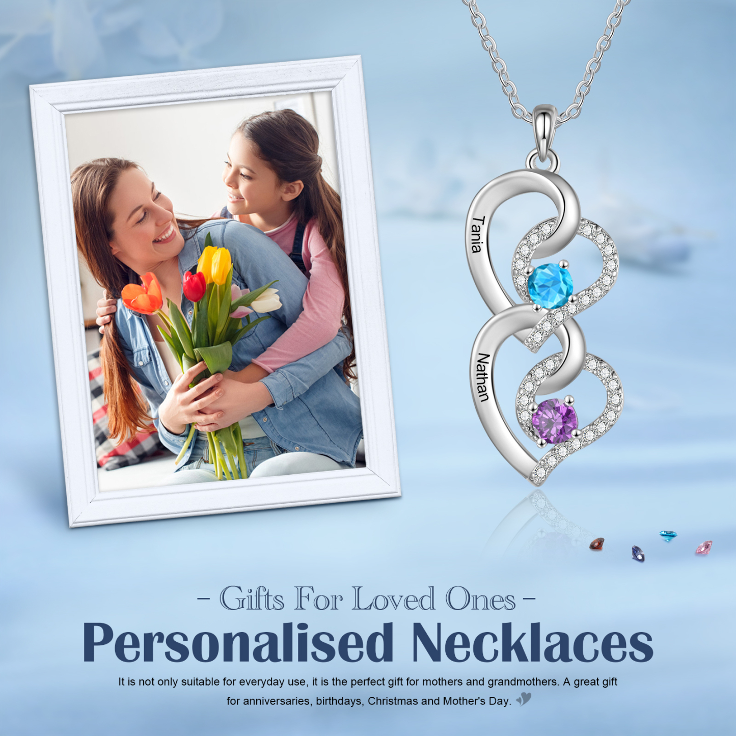 Personalised Infinity Birthstone Necklace with 2 Engraved Names Personal Gift for Mum, Partner or a Loved One | Jessemade