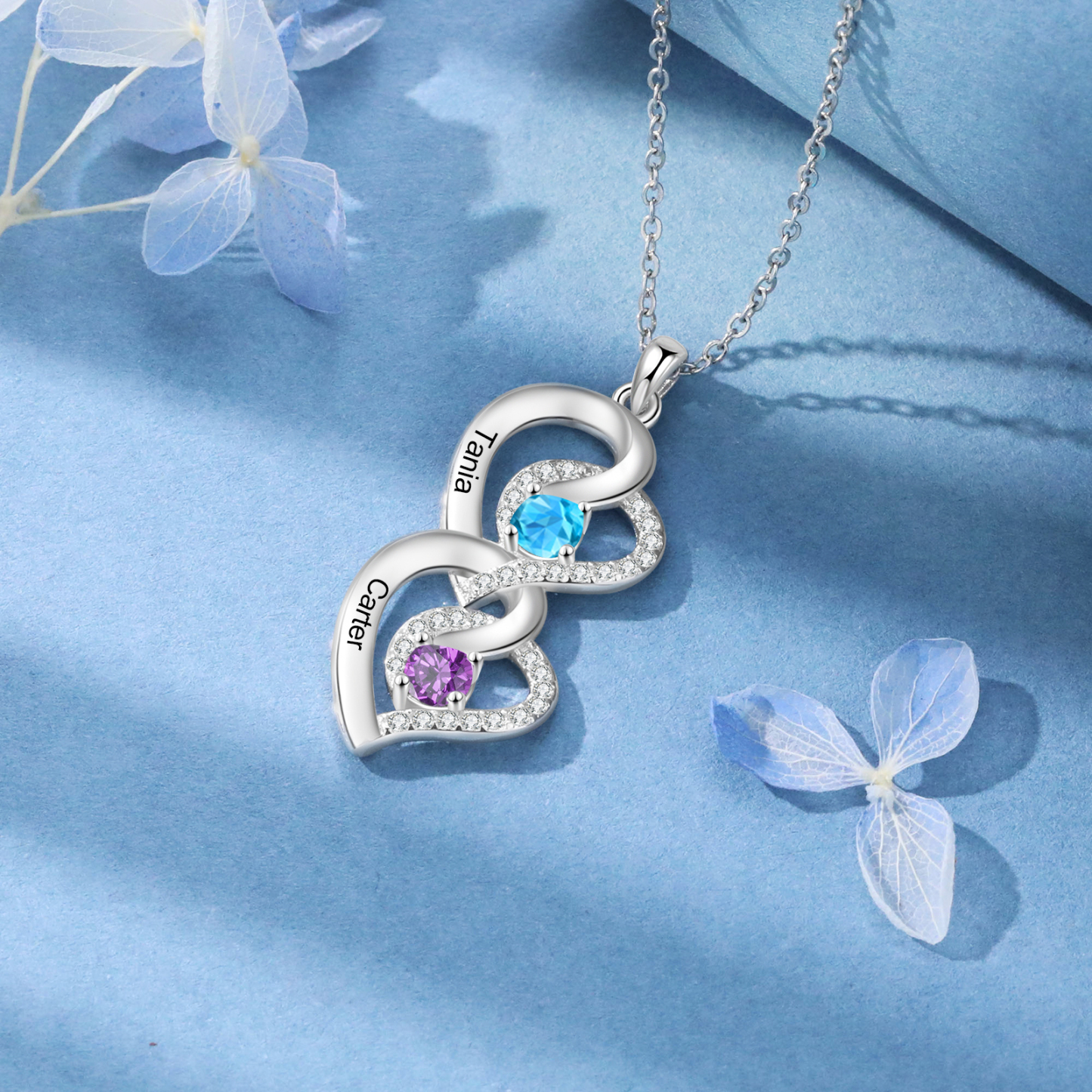 Personalised Infinity Birthstone Necklace with 2 Engraved Names Personal Gift for Mum, Partner or a Loved One | Jessemade