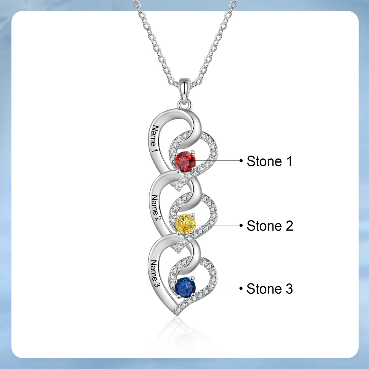 Personalised Infinity Birthstone Necklace with 3 Engraved Names Personal Gift for Mum, Partner or a Loved One | Jessemade