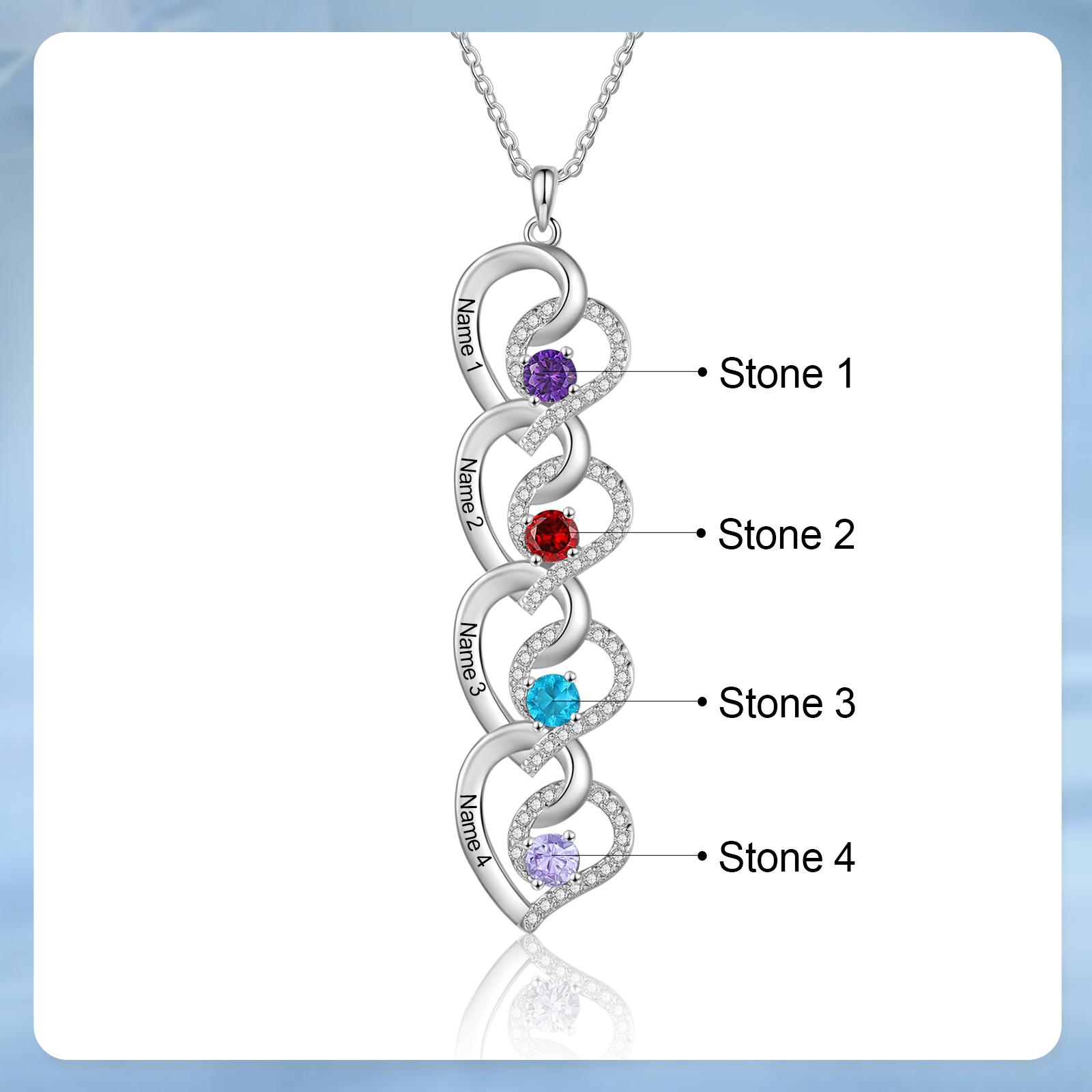 Personalised Infinity Birthstone Necklace with 4 Engraved Names Personal Gift for Mum, Partner or a Loved One | Jessemade