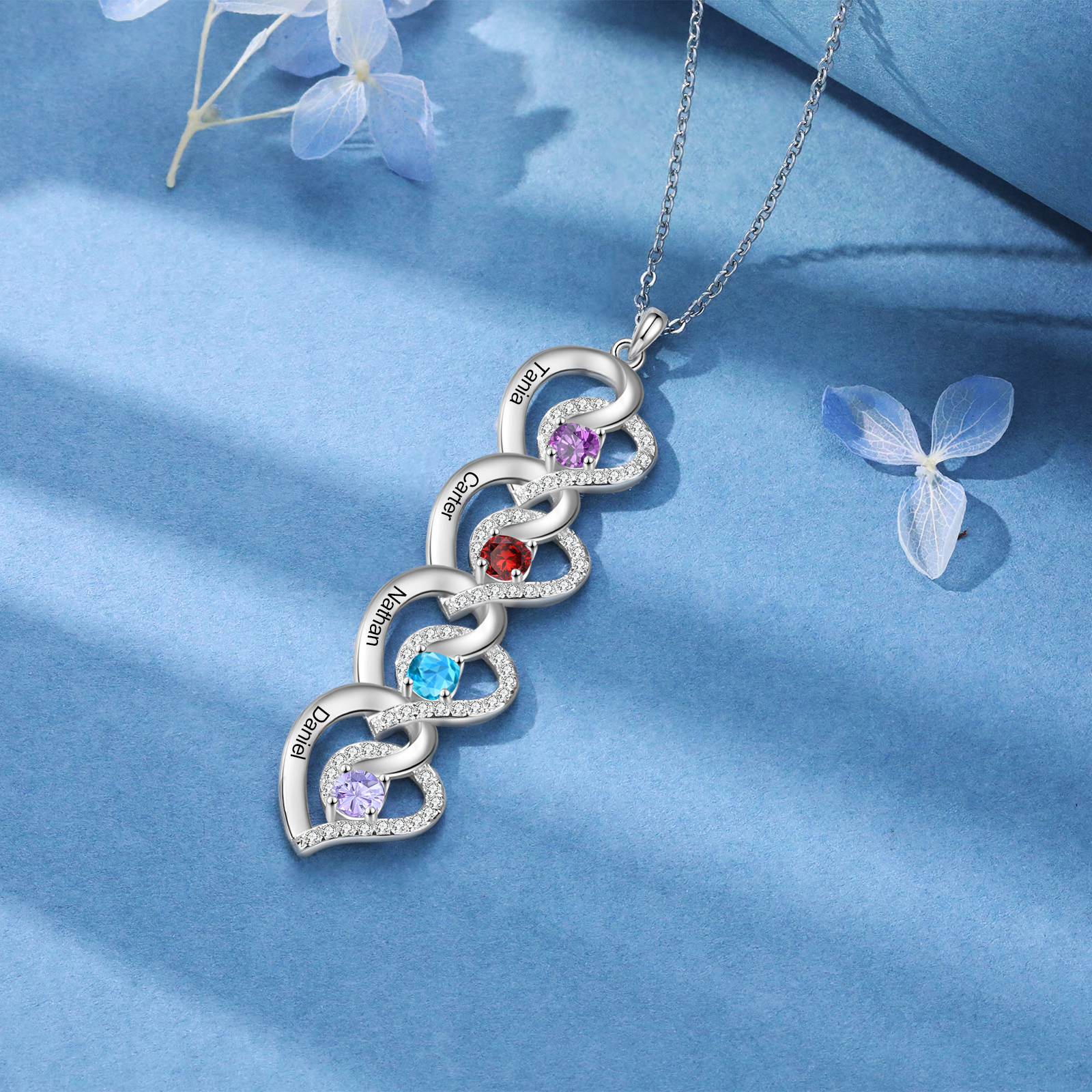 Personalised Infinity Birthstone Necklace with 4 Engraved Names Personal Gift for Mum, Partner or a Loved One | Jessemade