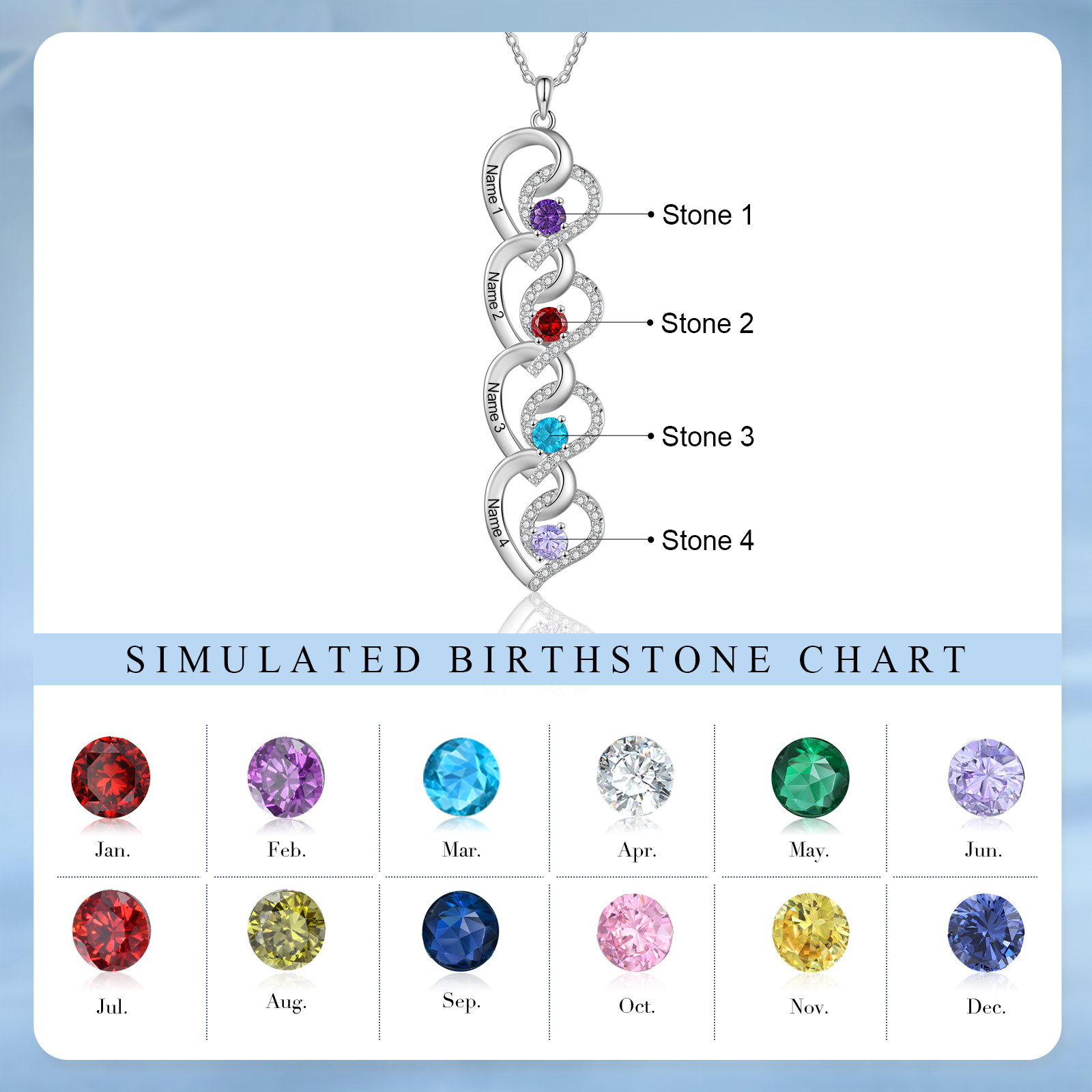 Personalised Infinity Birthstone Necklace with 4 Engraved Names Personal Gift for Mum, Partner or a Loved One | Jessemade