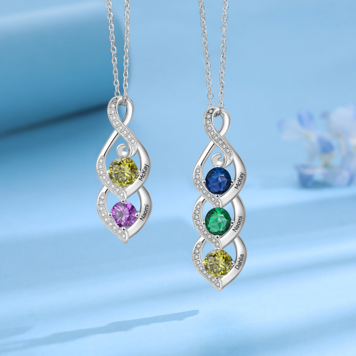 Personalised Twisted Pendant Necklace Custom 2-3 Birthstones & 2-3 Names Necklace Gifts for Her