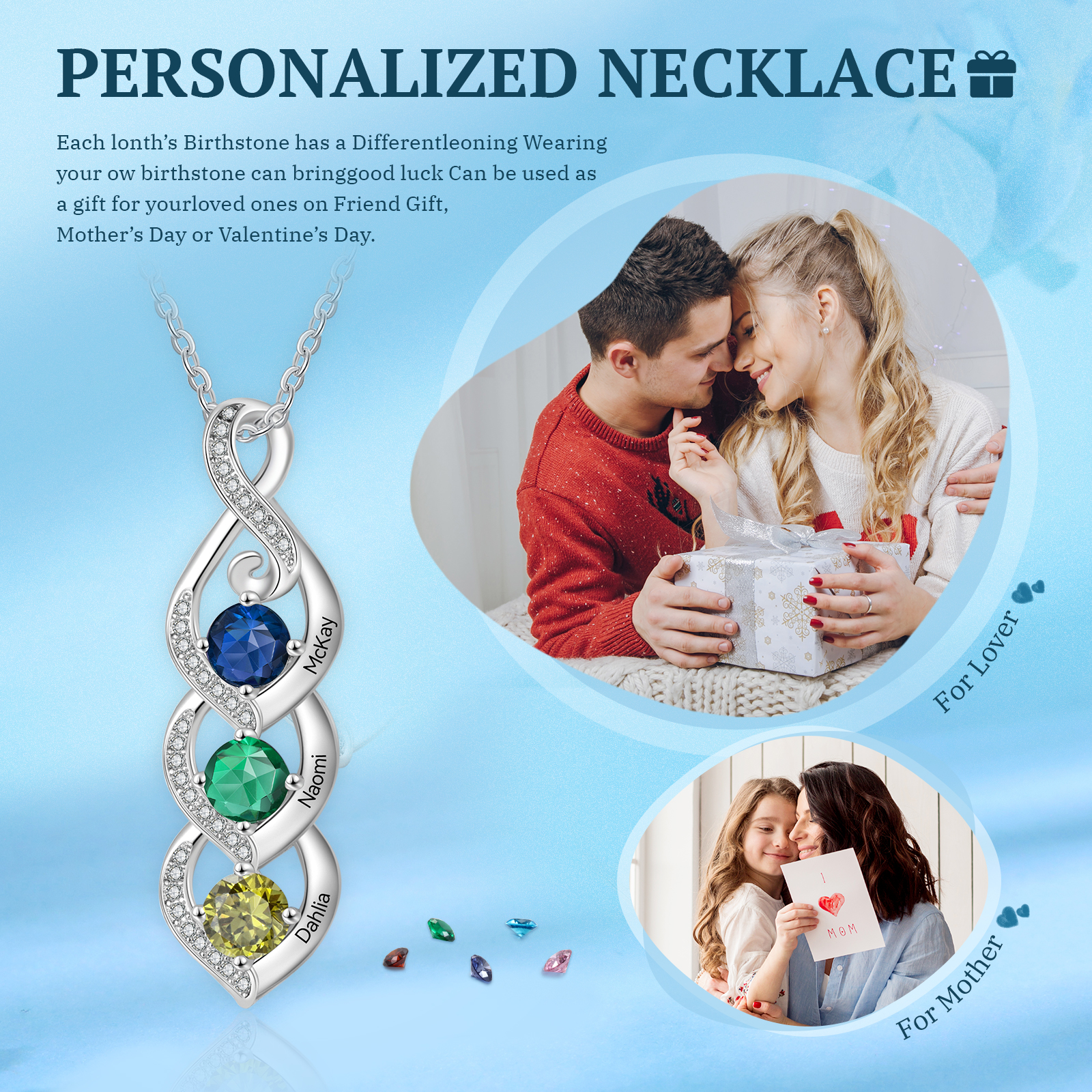 Personalised Twisted Pendant Necklace Custom 2-3 Birthstones & 2-3 Names Necklace Gifts for Her