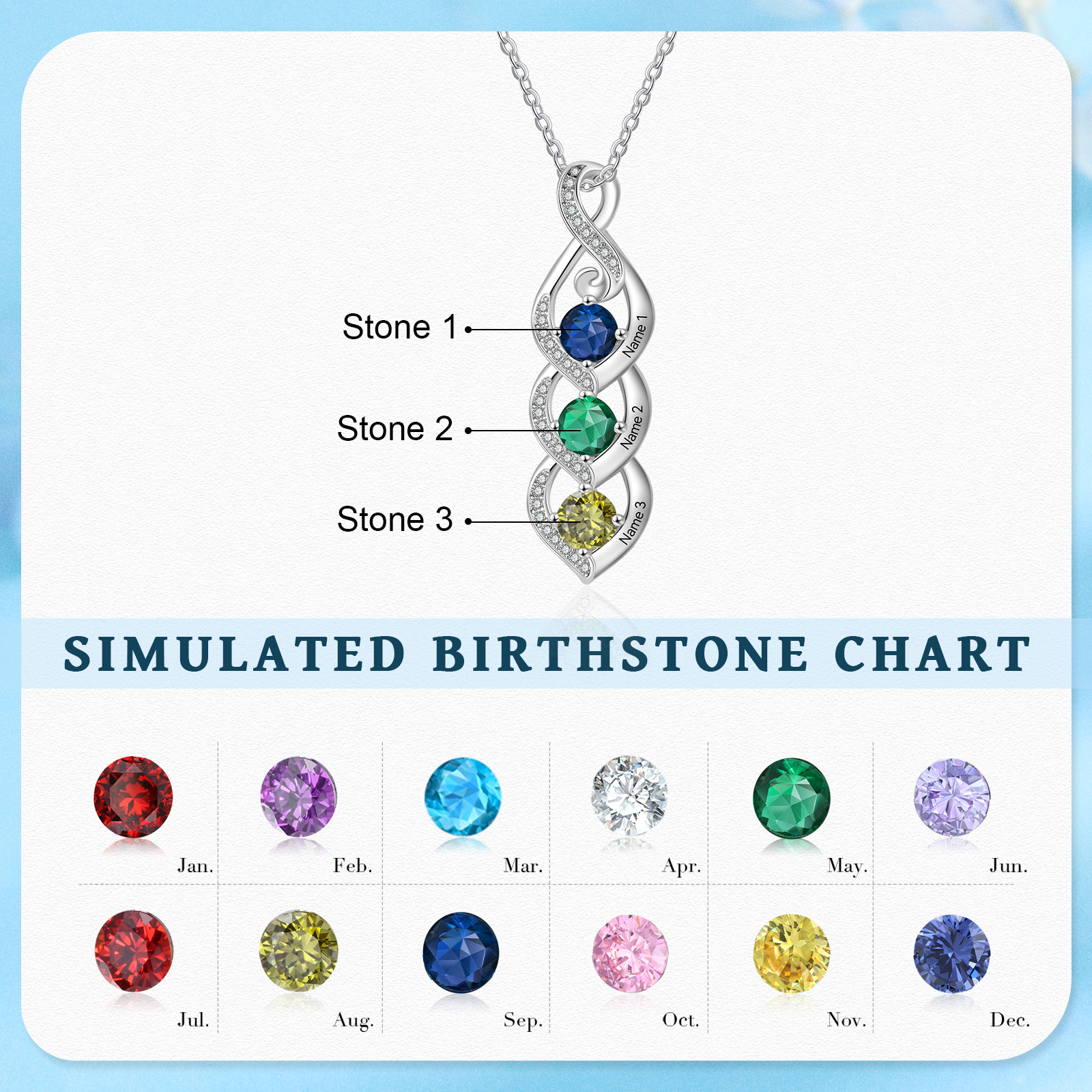 Personalised Twisted Pendant Necklace Custom 2-3 Birthstones & 2-3 Names Necklace Gifts for Her