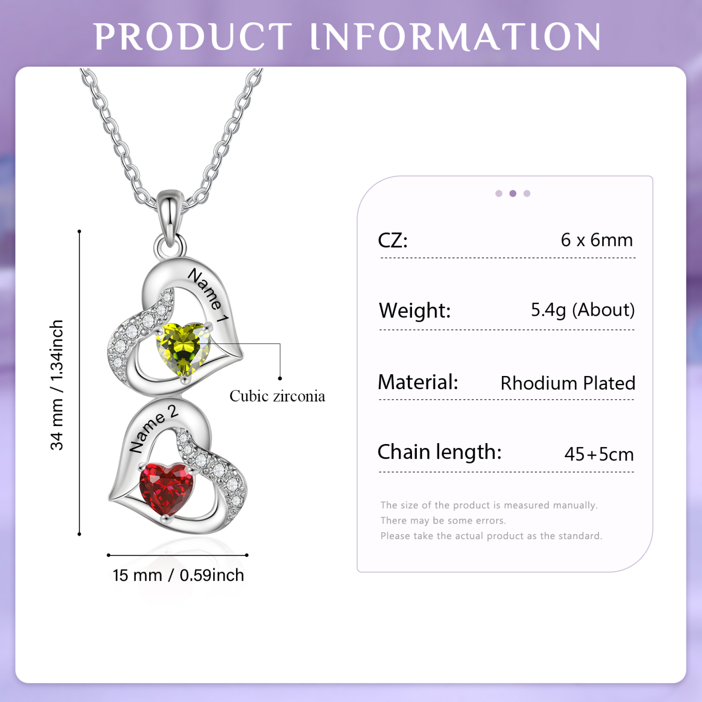 Personalized Heart Birthstone Necklace with 2 Stones Custom 2 Names Gift For Her-Jessemade AU