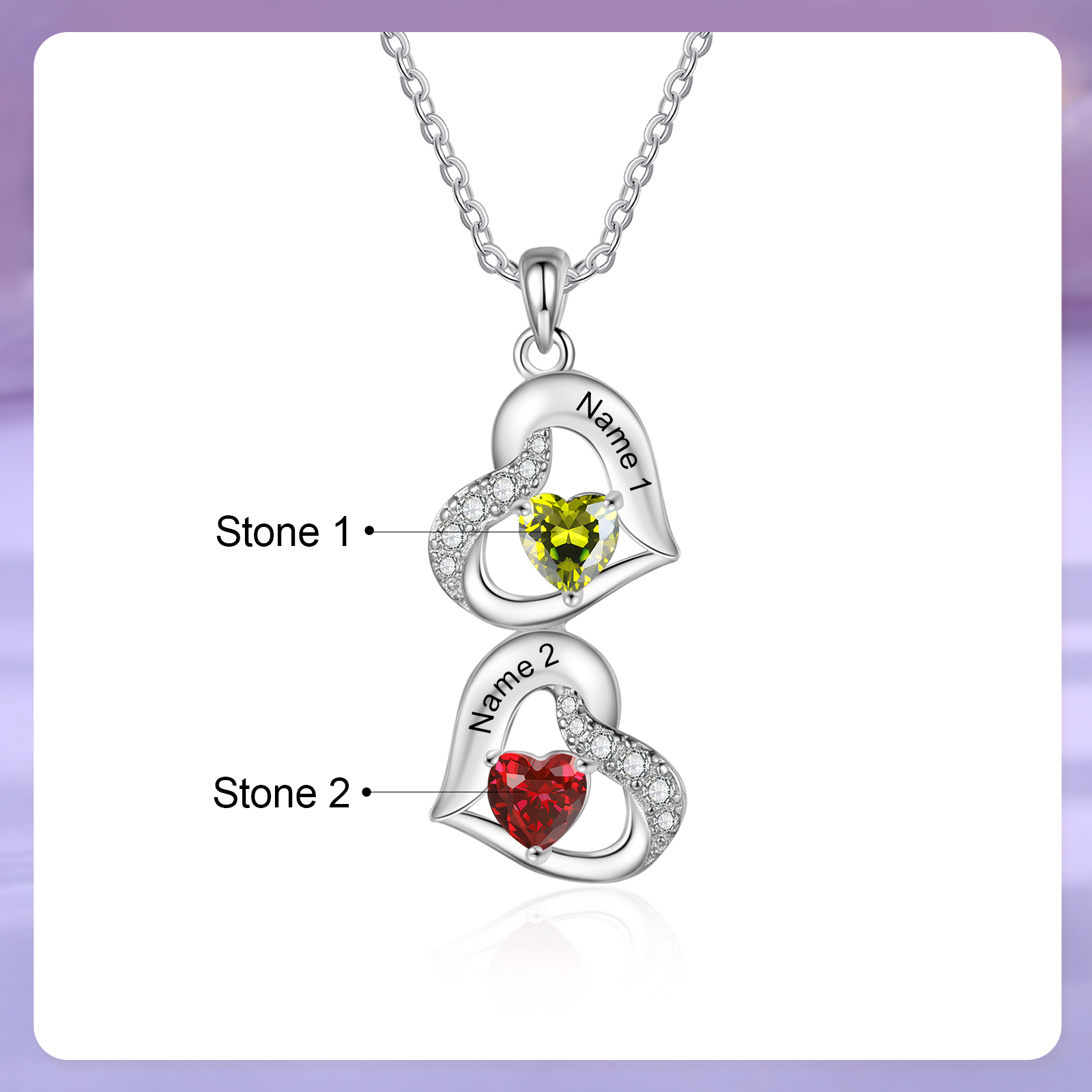 Personalized Heart Birthstone Necklace with 2 Stones Custom 2 Names Gift For Her-Jessemade AU
