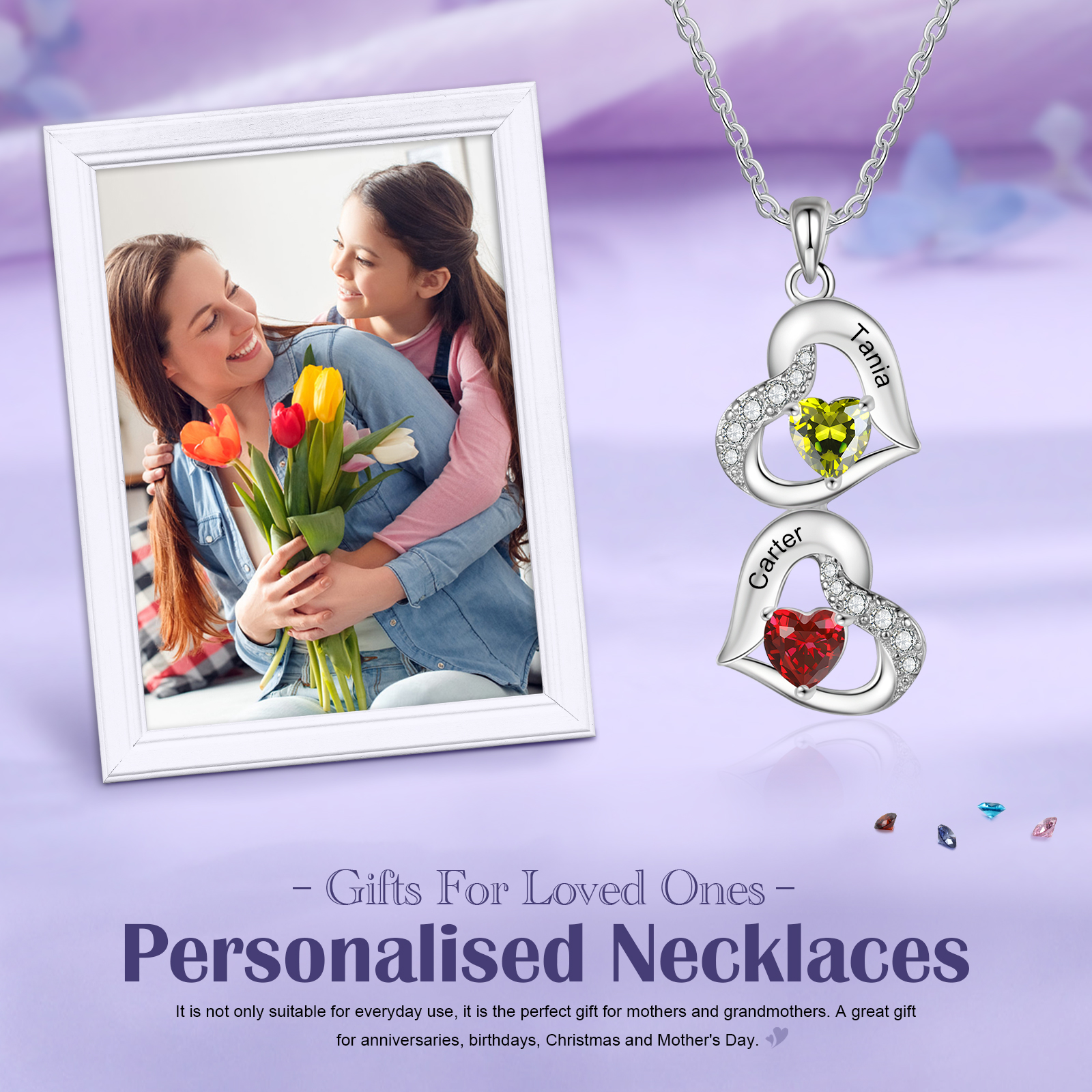 Personalized Heart Birthstone Necklace with 2 Stones Custom 2 Names Gift For Her-Jessemade AU