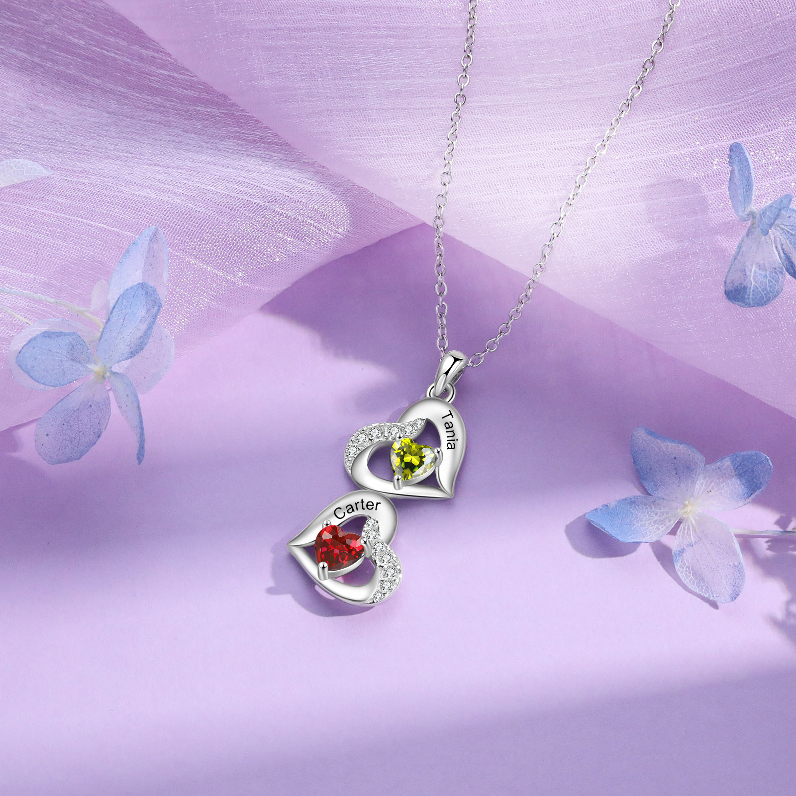 Personalized Heart Birthstone Necklace with 2 Stones Custom 2 Names Gift For Her-Jessemade AU