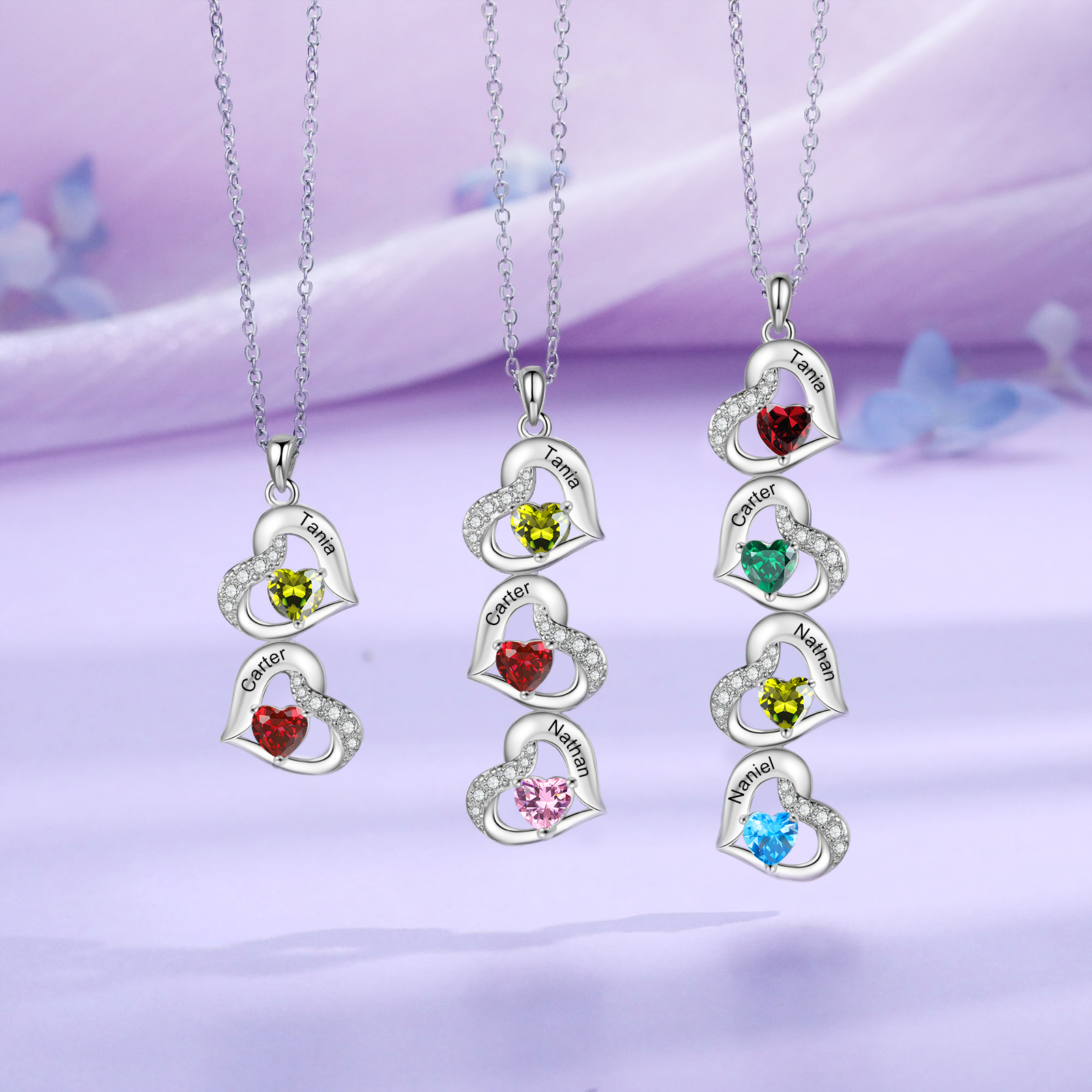 Personalized Heart Birthstone Necklace with 2 Stones Custom 2 Names Gift For Her-Jessemade AU