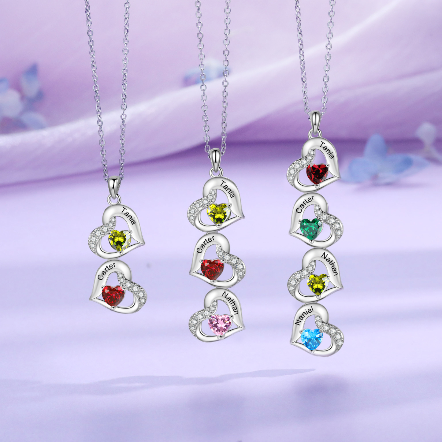 Personalized Heart Birthstone Necklace with 2 Stones Custom 2 Names Gift For Her-Jessemade AU