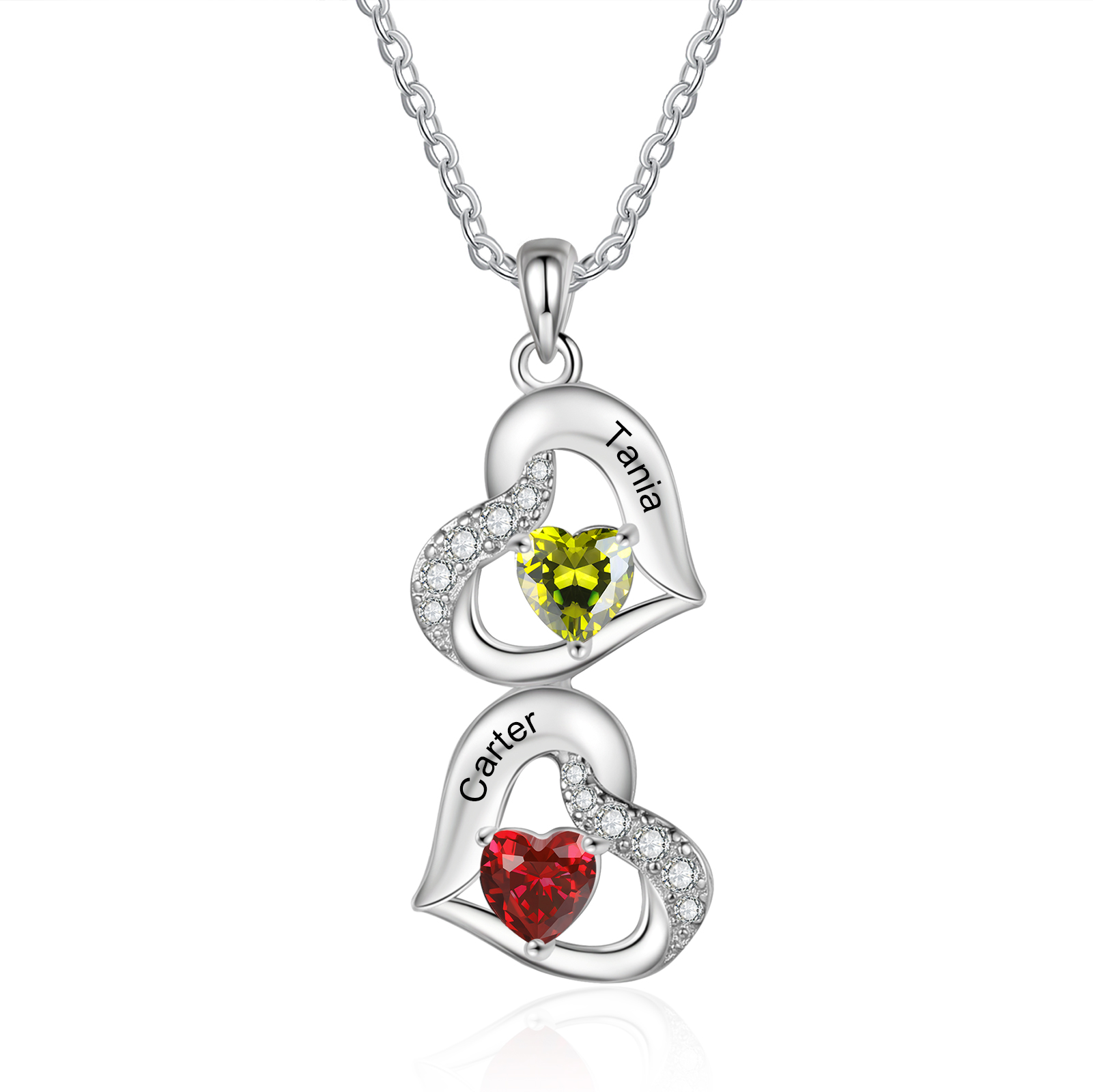 Personalized Heart Birthstone Necklace with 2 Stones Custom 2 Names Gift For Her