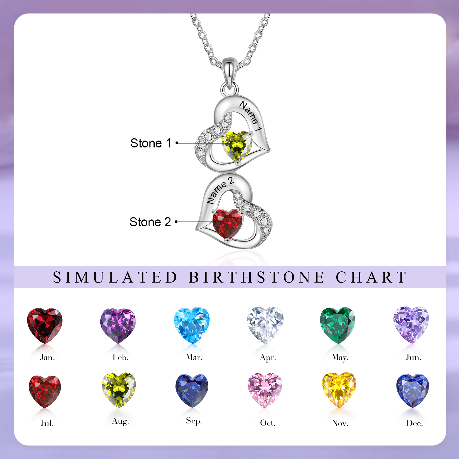 Personalized Heart Birthstone Necklace with 2 Stones Custom 2 Names Gift For Her