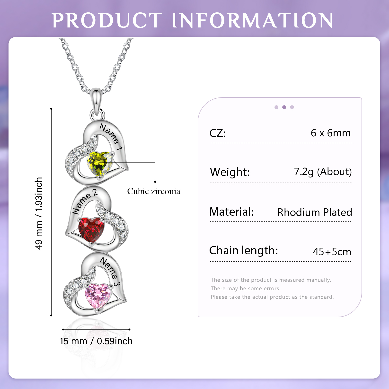 Personalized Heart Birthstone Necklace with 3 Stones Custom 3 Names Gift For Her-Jessemade AU