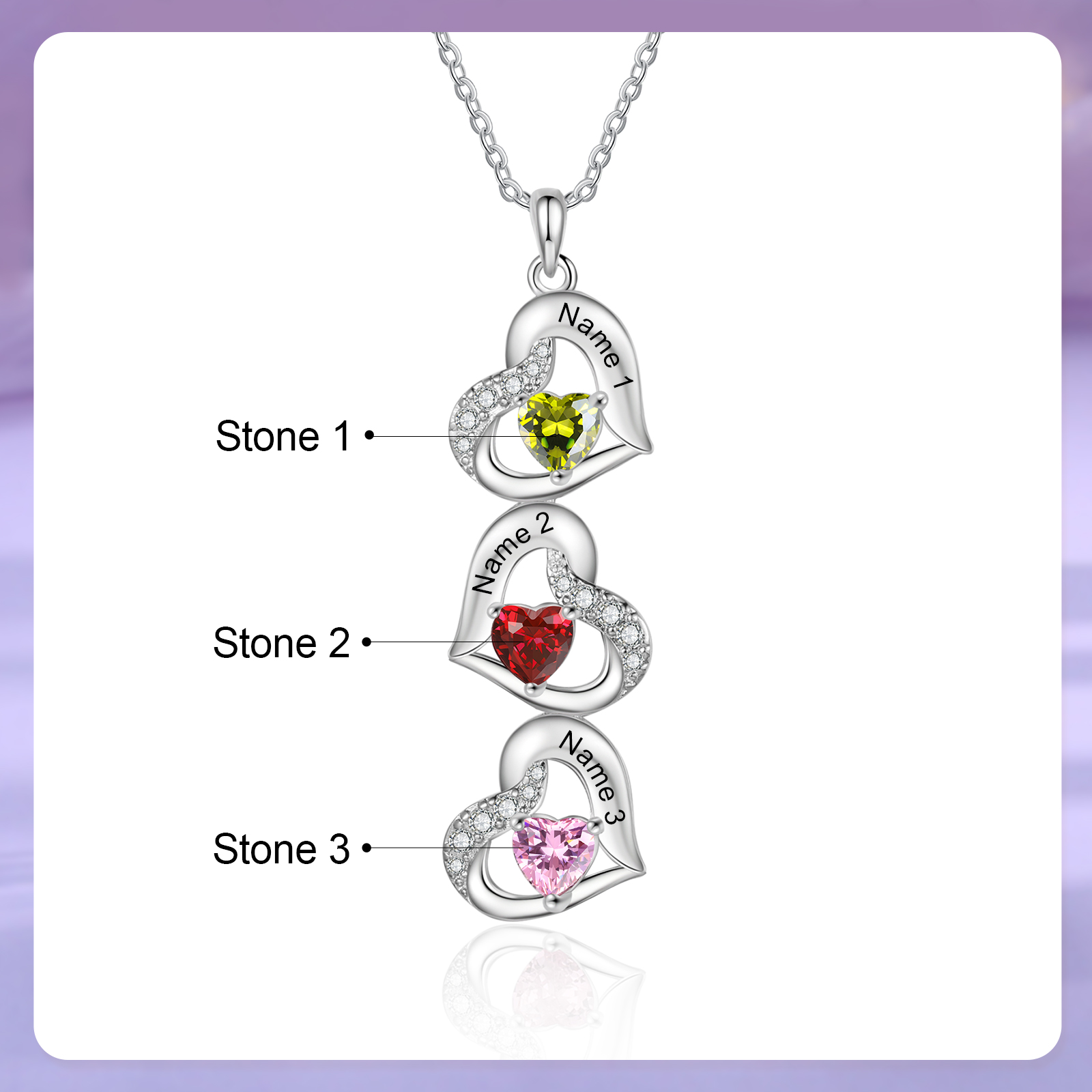 Personalized Heart Birthstone Necklace with 3 Stones Custom 3 Names Gift For Her-Jessemade AU