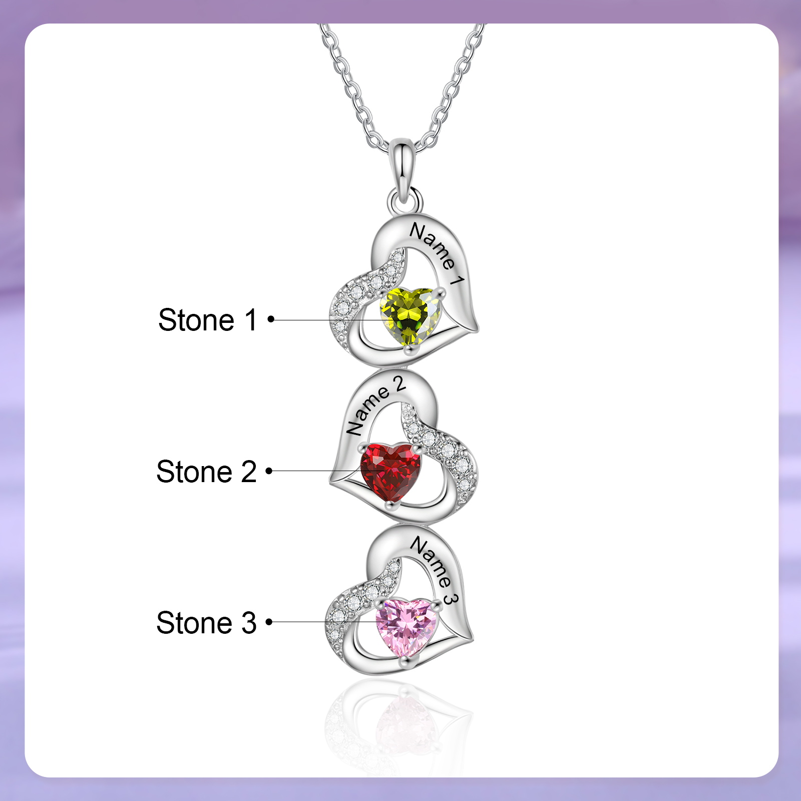 Personalized Heart Birthstone Necklace with 3 Stones Custom 3 Names Gift For Her-Jessemade AU