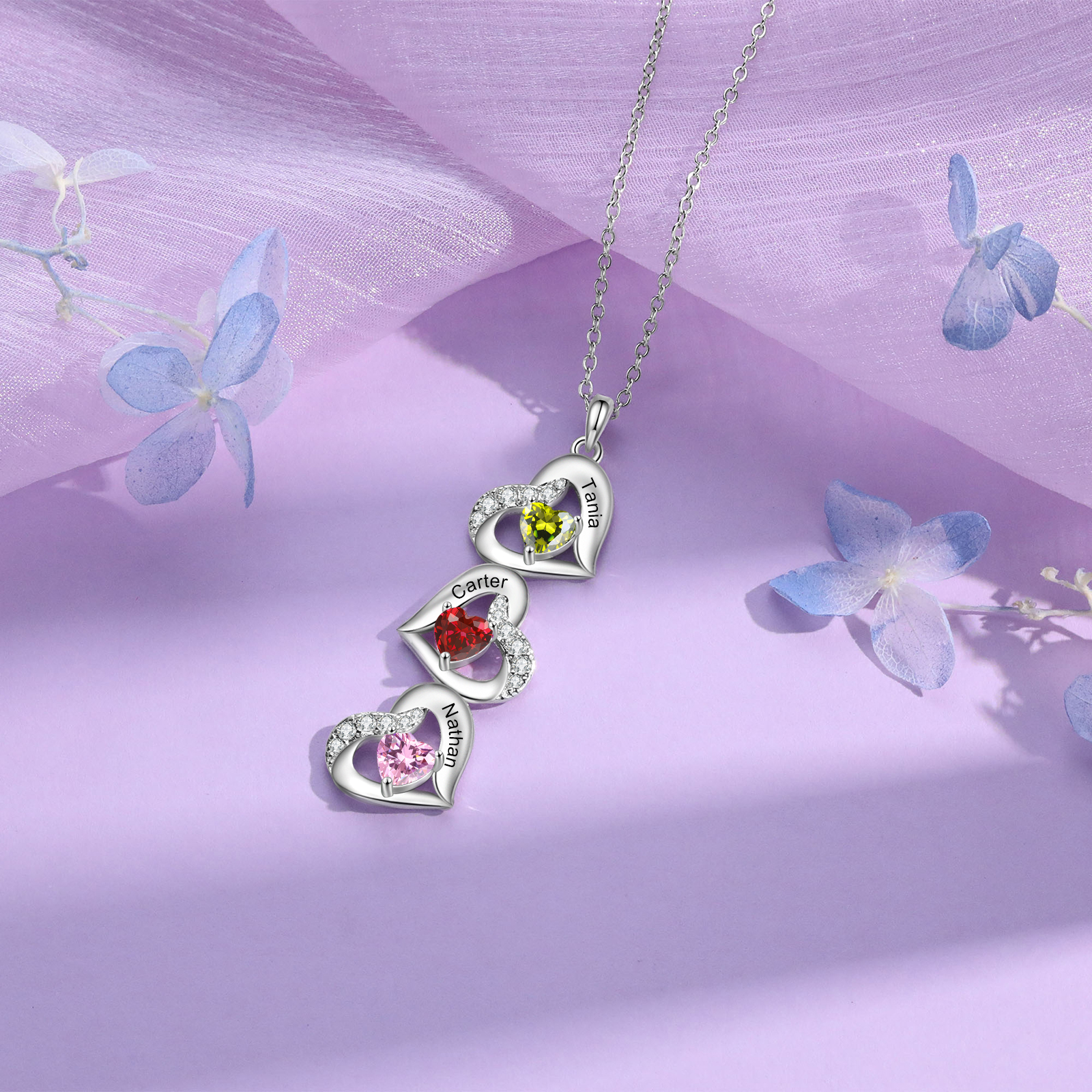 Personalized Heart Birthstone Necklace with 3 Stones Custom 3 Names Gift For Her-Jessemade AU