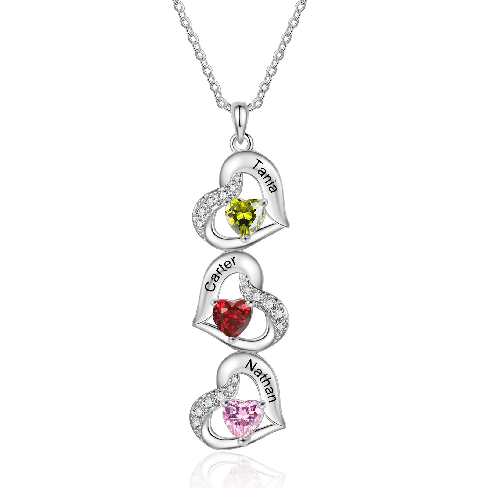 Personalized Heart Birthstone Necklace with 3 Stones Custom 3 Names Gift For Her-Jessemade AU