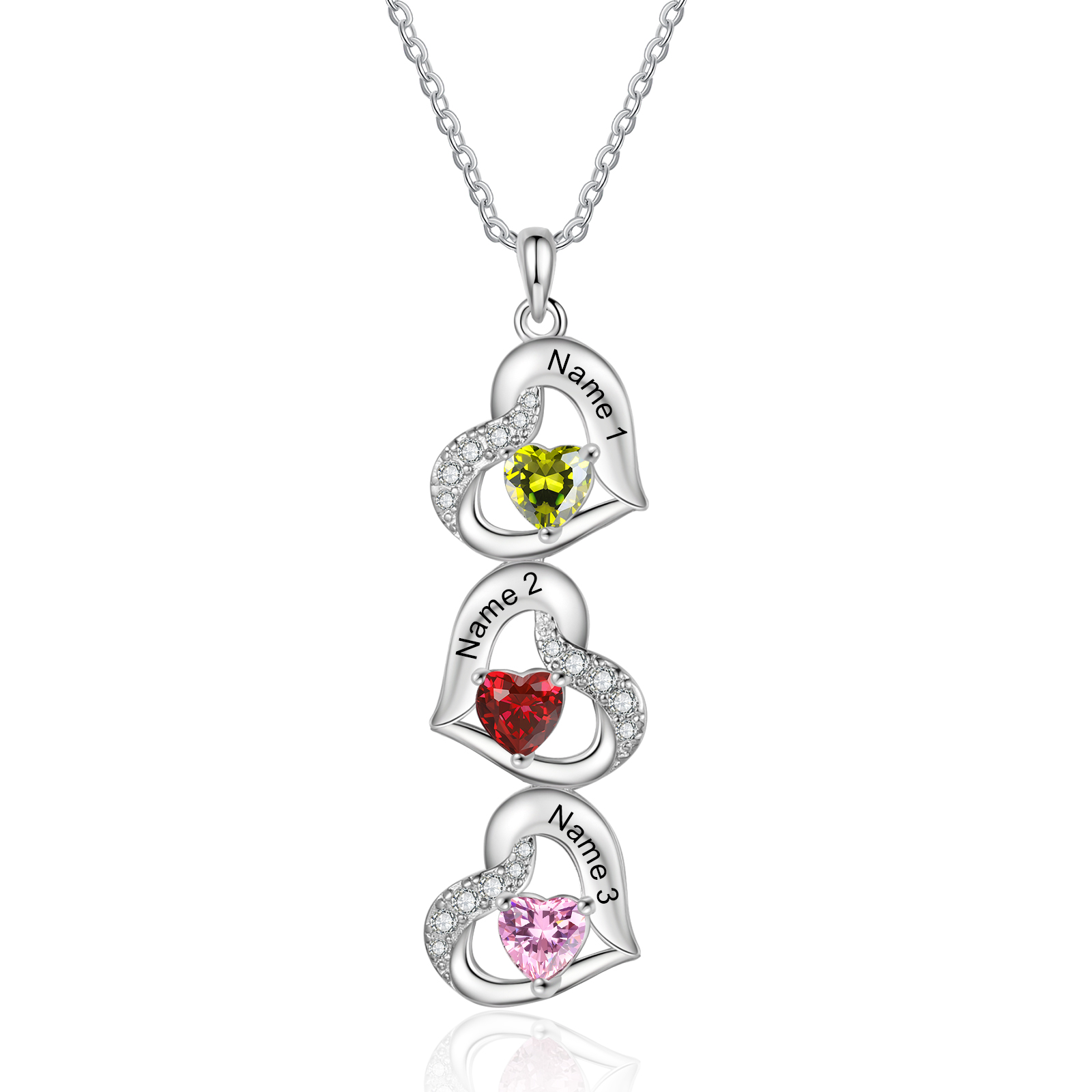 Personalized Heart Birthstone Necklace with 3 Stones Custom 3 Names Gift For Her-Jessemade AU