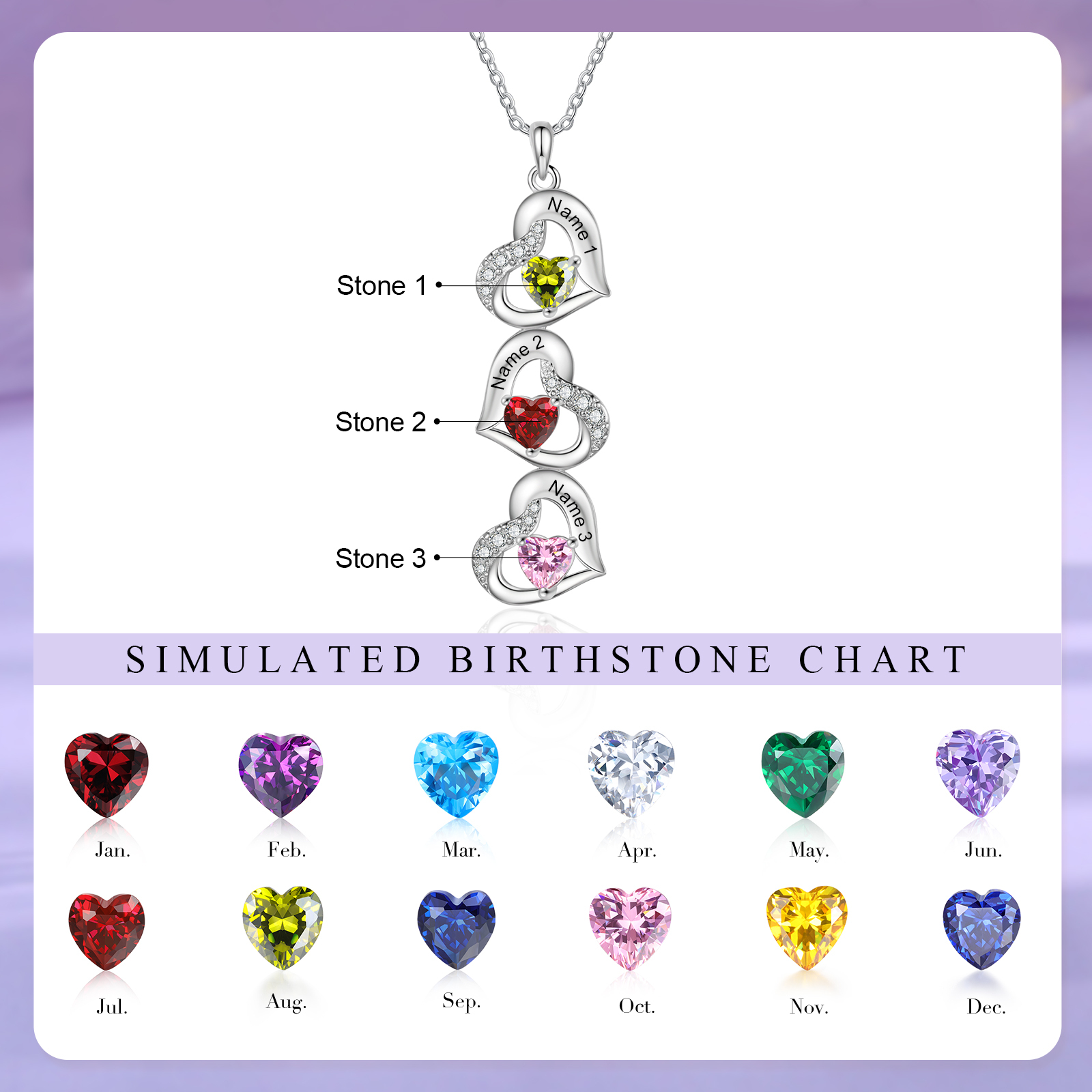 Personalized Heart Birthstone Necklace with 3 Stones Custom 3 Names Gift For Her-Jessemade AU