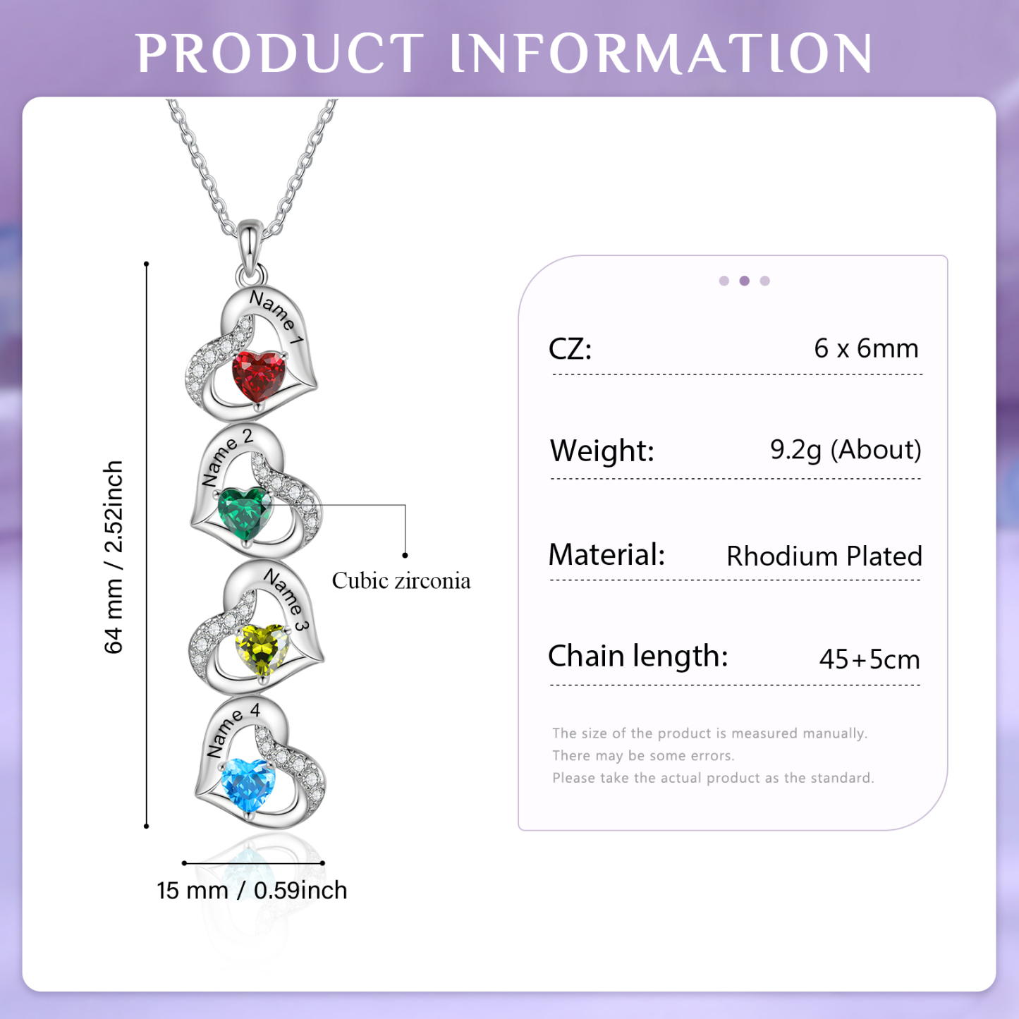 Personalized Heart Birthstone Necklace with 4 Stones Custom 4 Names Gift For Her-Jessemade AU