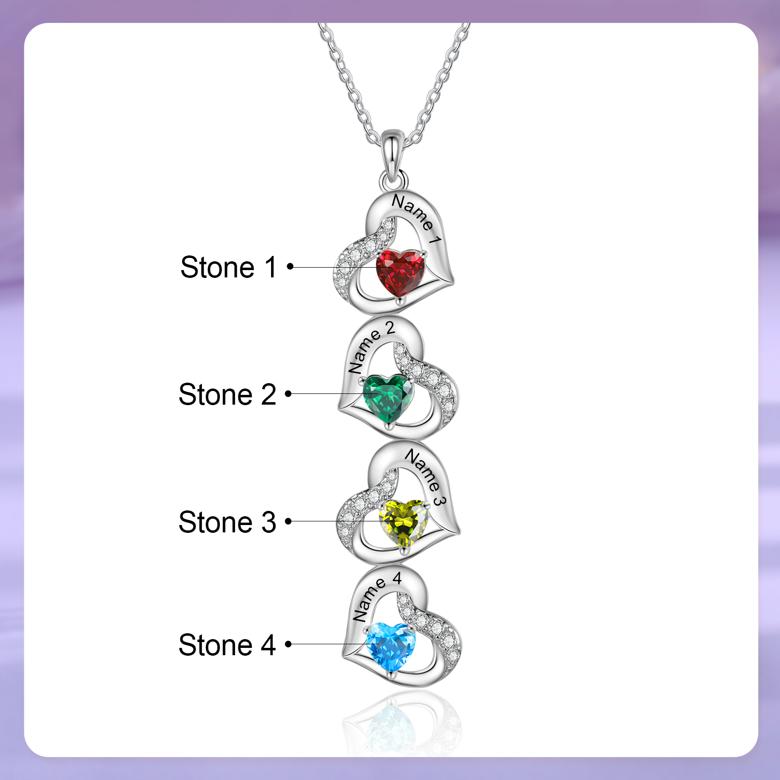 Personalized Heart Birthstone Necklace with 4 Stones Custom 4 Names Gift For Her-Jessemade AU
