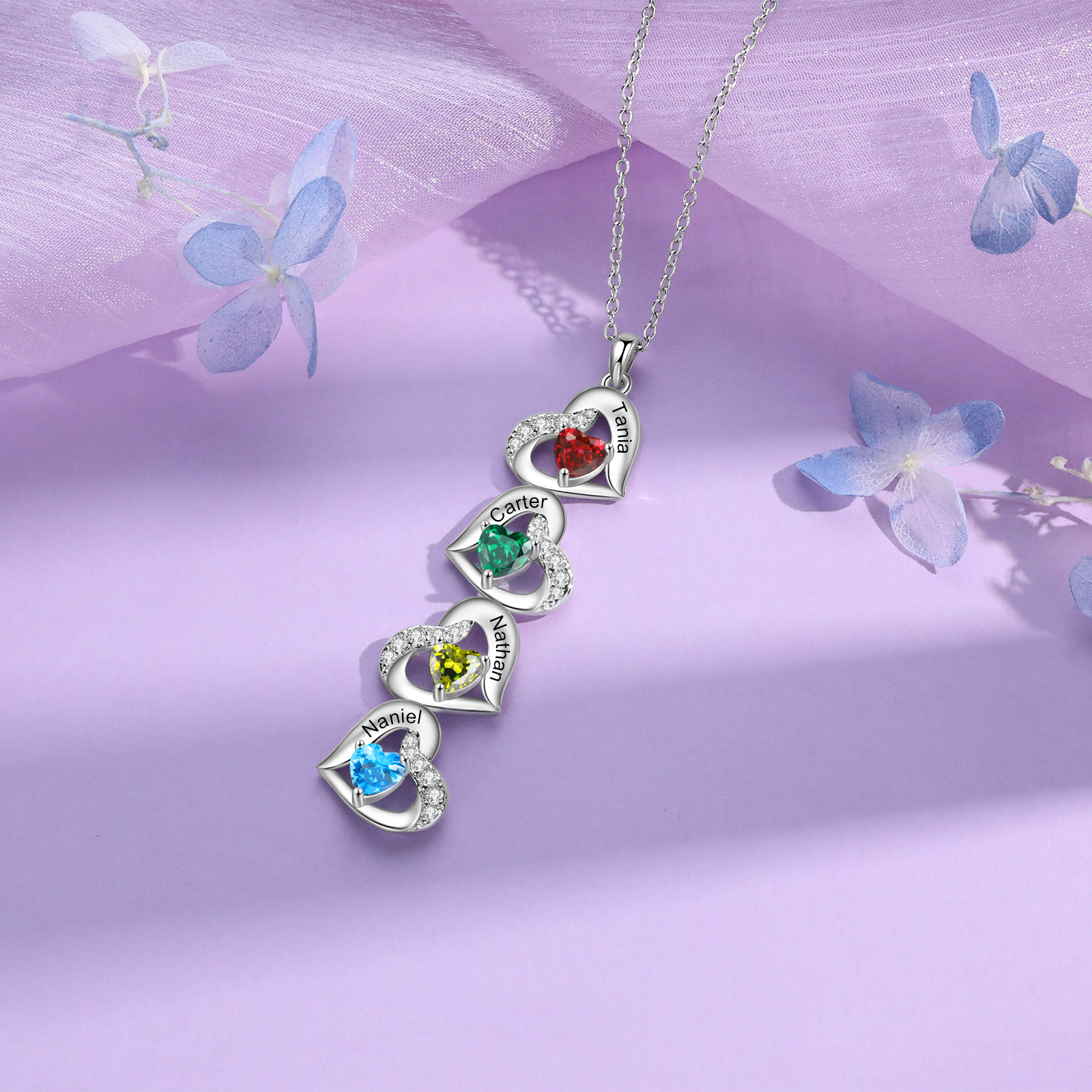 Personalized Heart Birthstone Necklace with 4 Stones Custom 4 Names Gift For Her-Jessemade AU