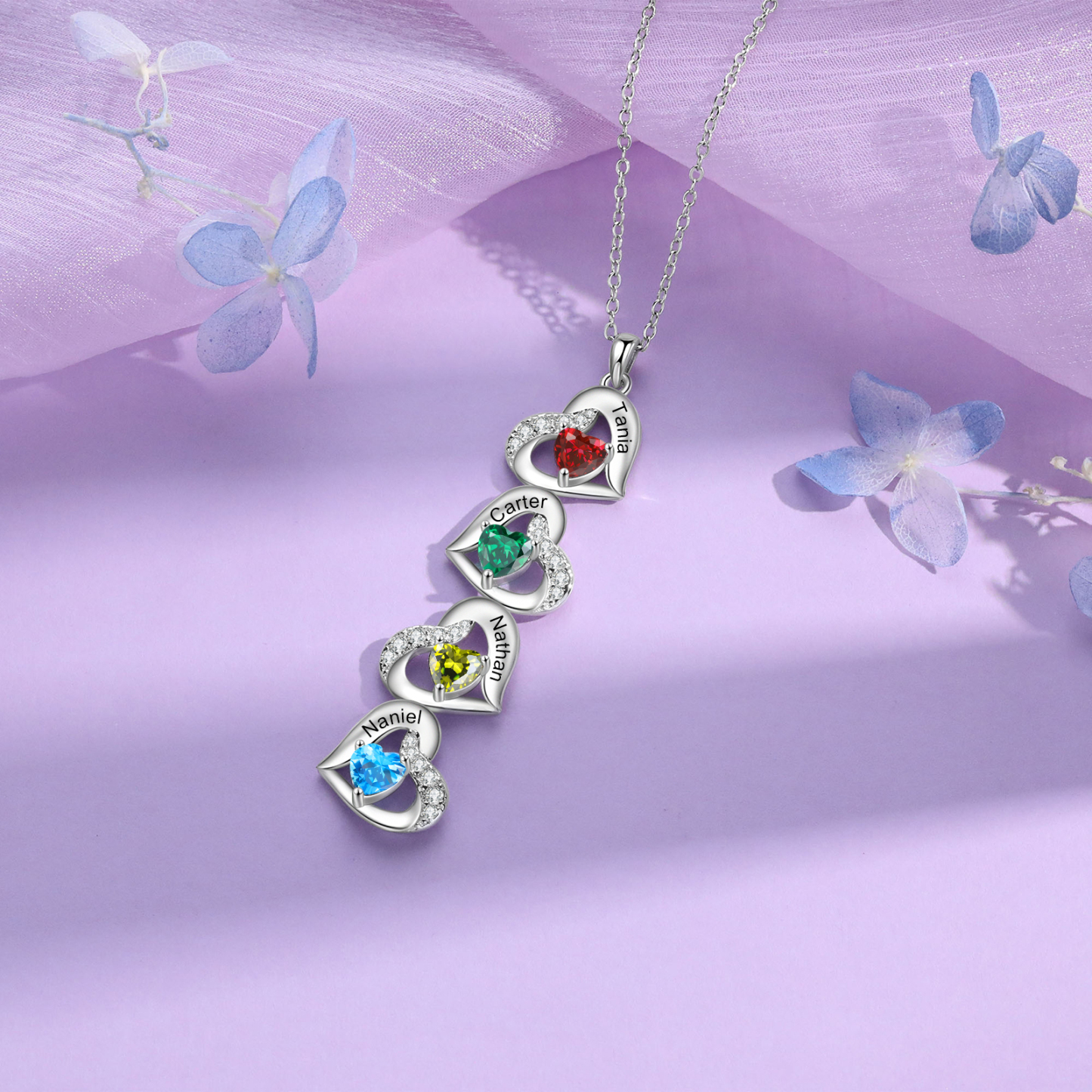 Personalized Heart Birthstone Necklace with 4 Stones Custom 4 Names Gift For Her-Jessemade AU