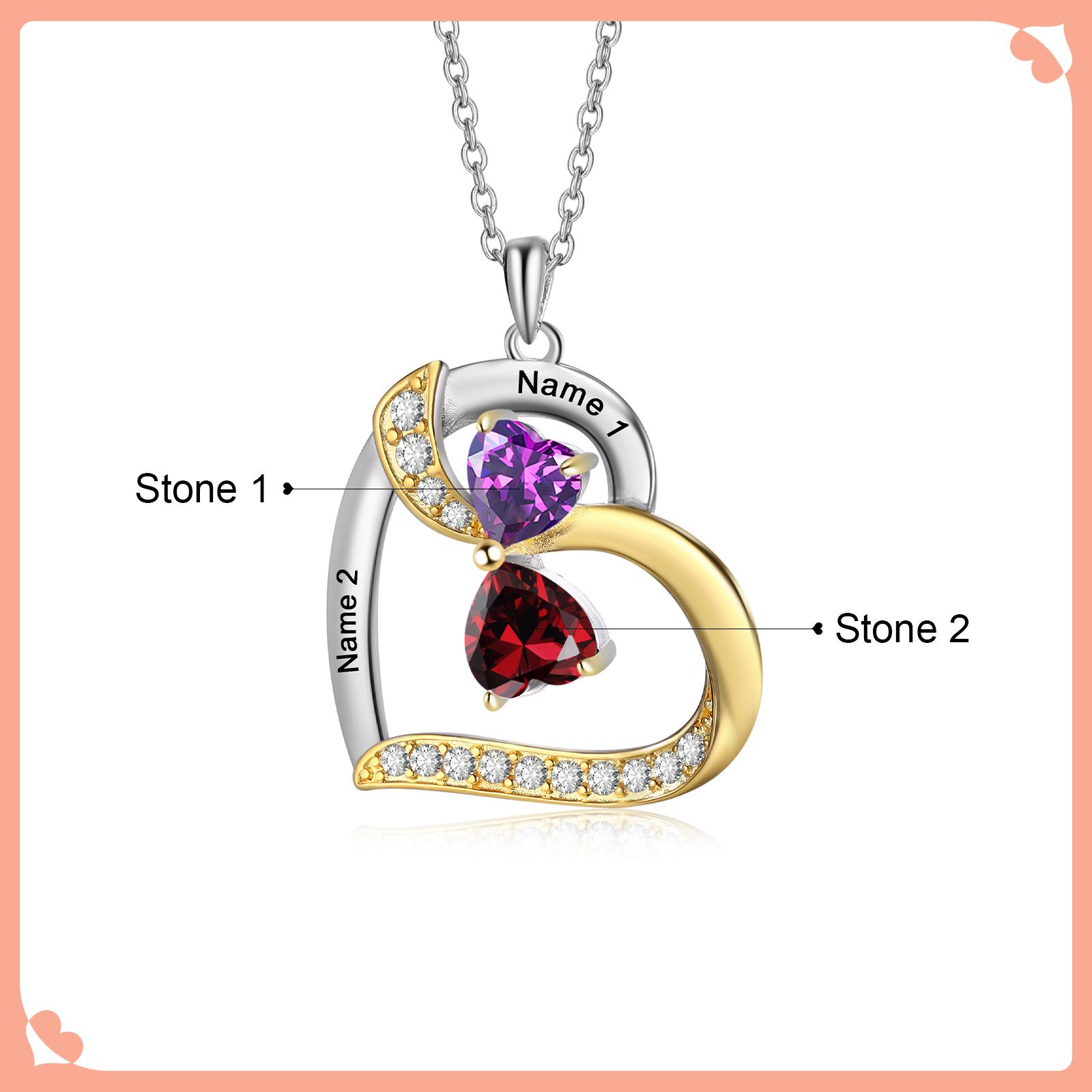 Personalised Heart Necklace with 2 Birthstones and Names Custom Mother Necklace Christmas Gift for Her-Jessemade AU