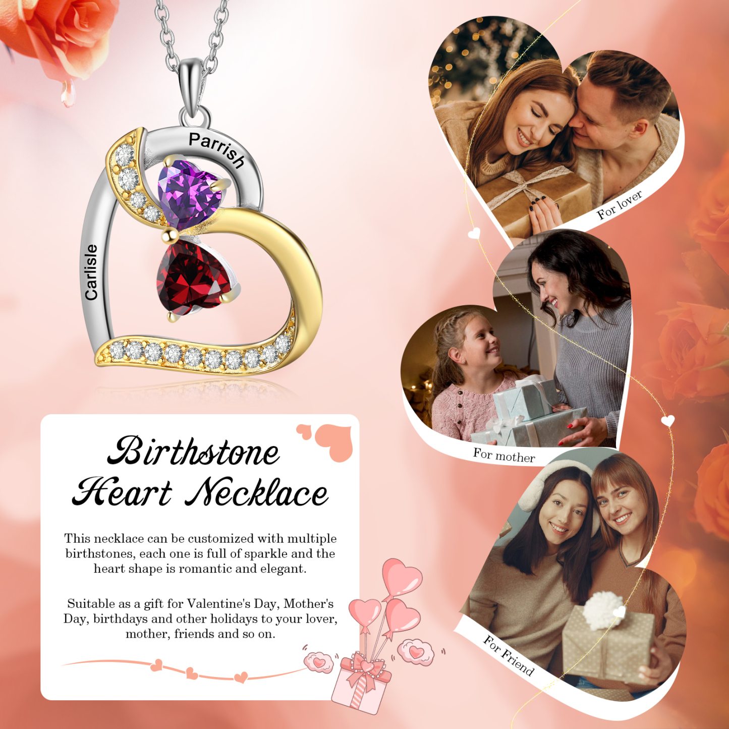 Personalised Heart Necklace with 2 Birthstones and Names Custom Mother Necklace Christmas Gift for Her-Jessemade AU