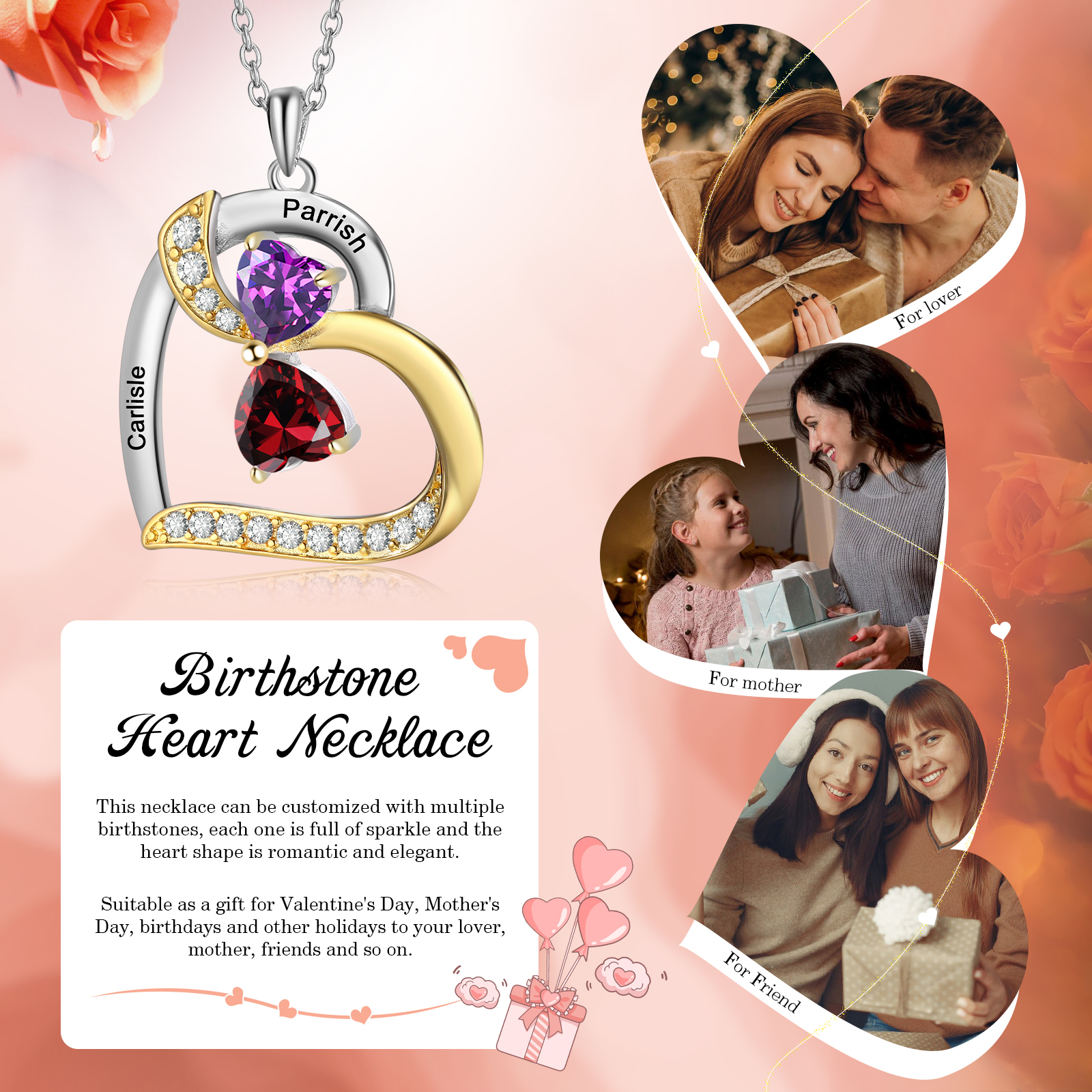 Personalised Heart Necklace with 2 Birthstones and Names Custom Mother Necklace Christmas Gift for Her-Jessemade AU