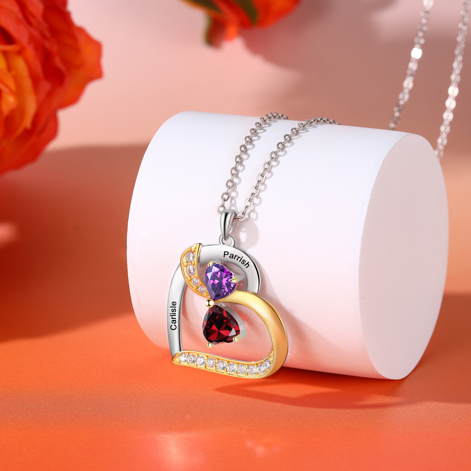 Personalised Heart Necklace with 2 Birthstones and Names Custom Mother Necklace Christmas Gift for Her-Jessemade AU