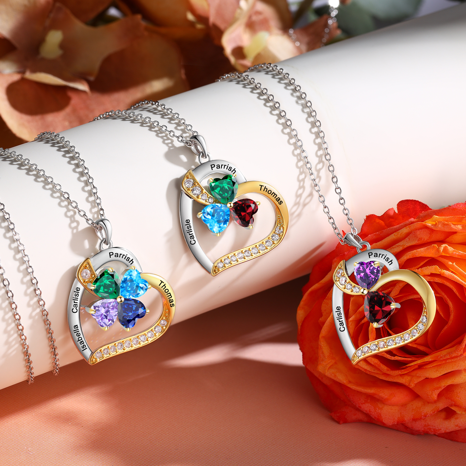 Personalised Heart Necklace with 2 Birthstones and Names Custom Mother Necklace Christmas Gift for Her-Jessemade AU