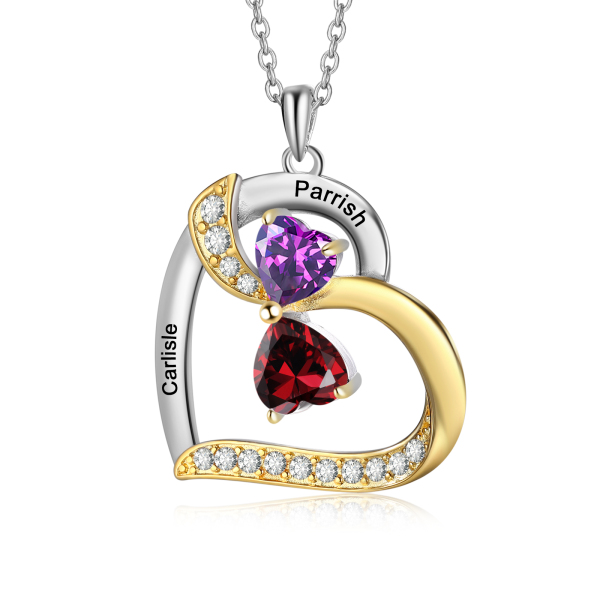 Personalised Heart Necklace with 2 Birthstones and Names Custom Mother