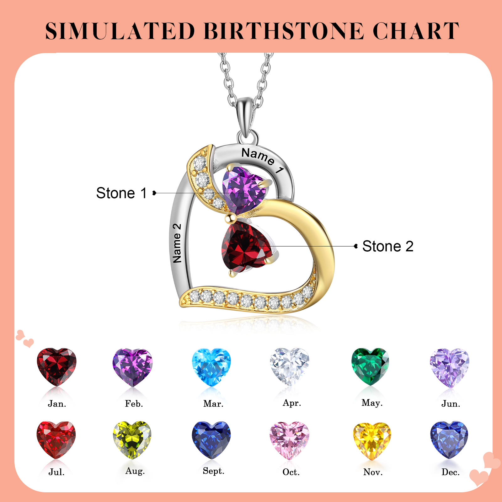 Personalised Heart Necklace with 2 Birthstones and Names  Custom Christmas Gift for Her