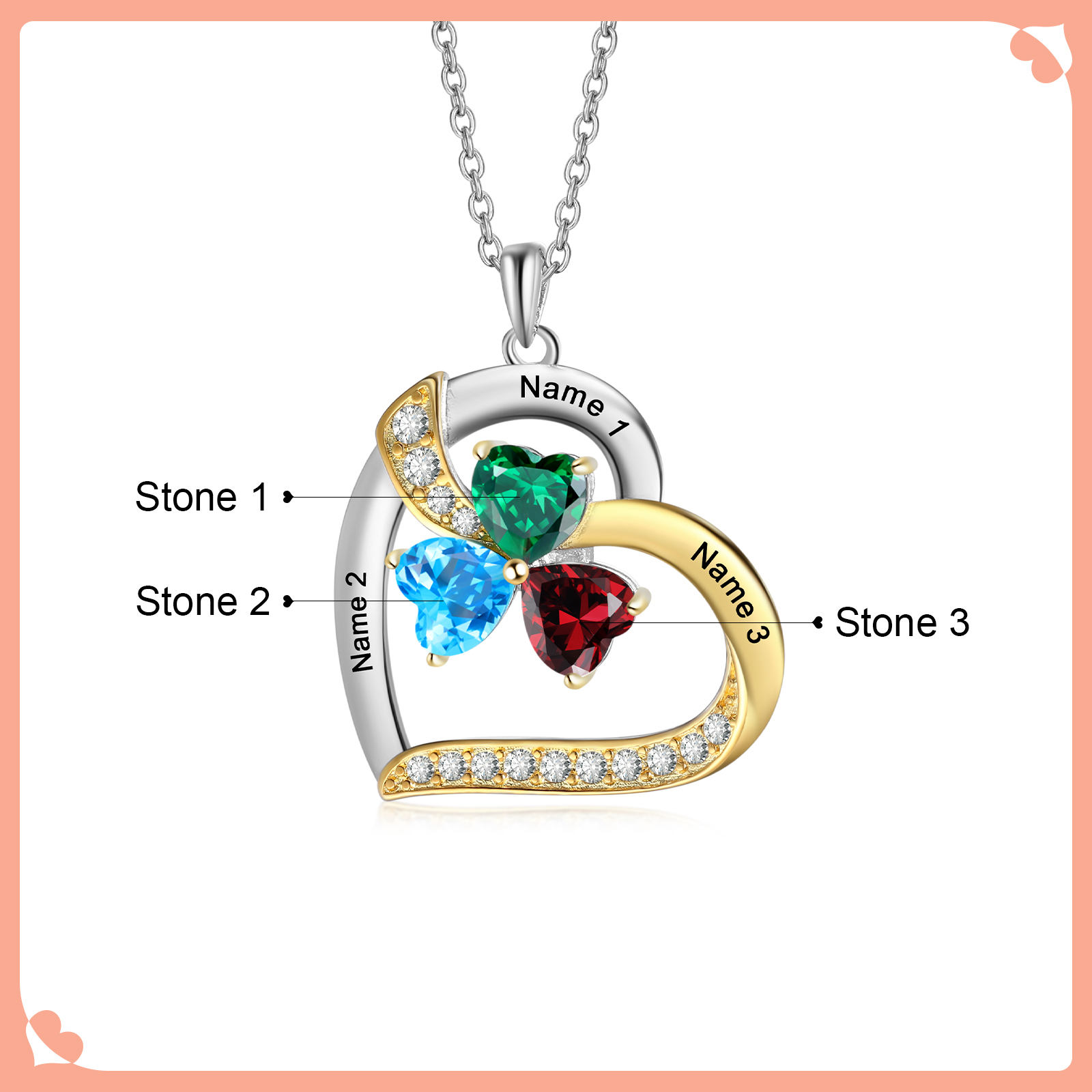Personalised Heart Necklace with 3 Birthstones and Names Custom Mother Necklace Christmas Gift for Her-Jessemade AU