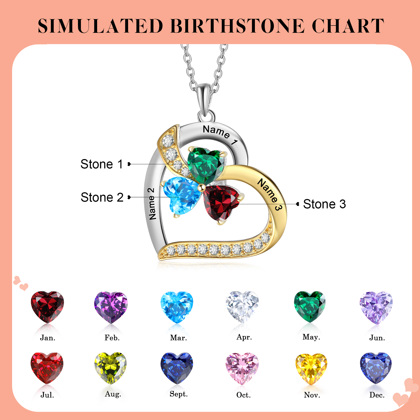 Personalised Heart Necklace Custom Birthstone Jewelry, Thoughtful Christmas Gift for Her