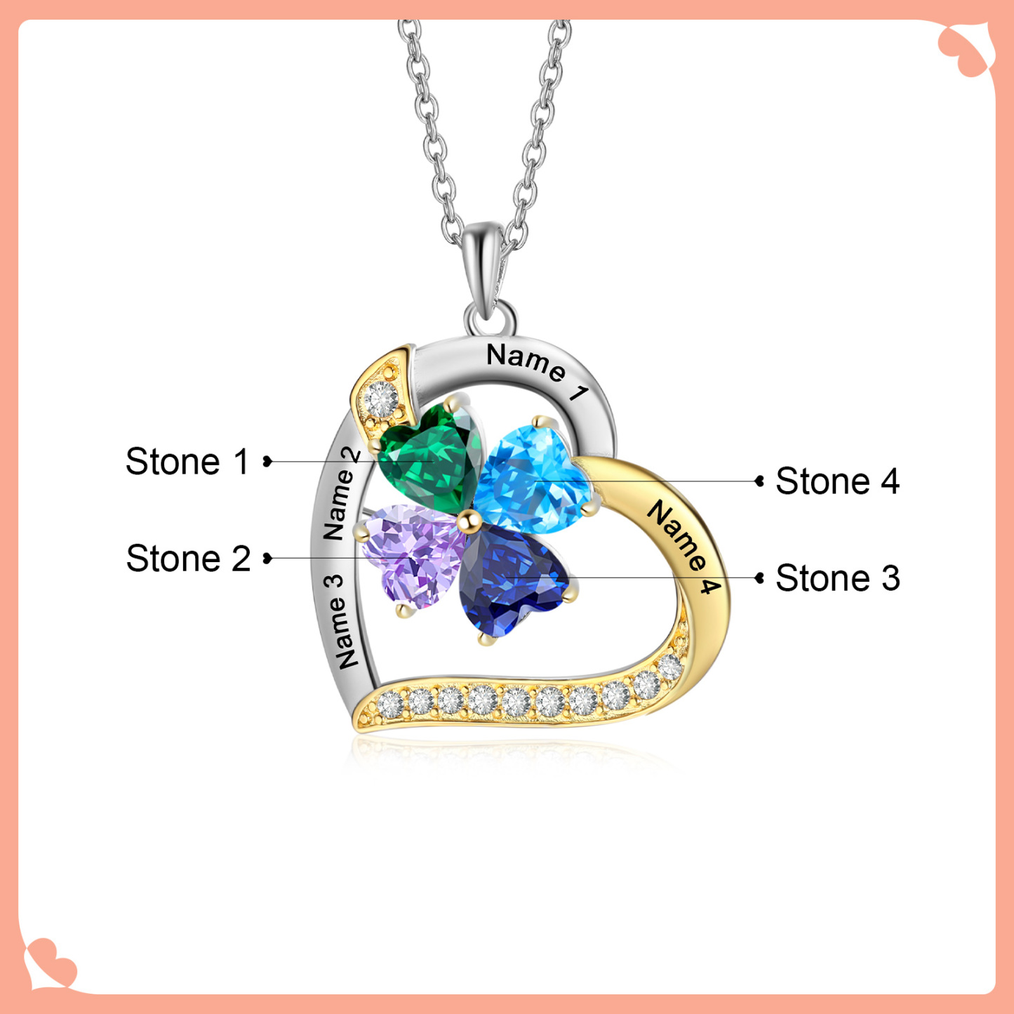 Personalised Heart Necklace with 4 Birthstones and Names Custom Mother Necklace Christmas Gift for Her-Jessemade AU