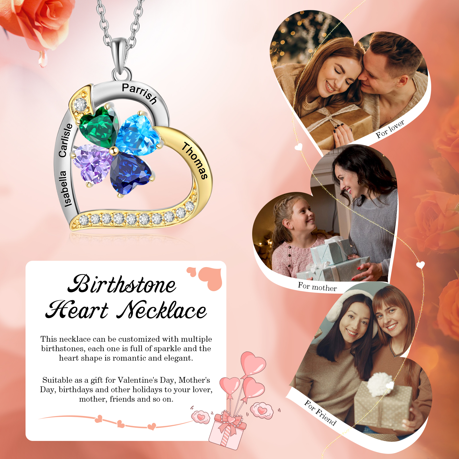 Personalised Heart Necklace with 4 Birthstones and Names Custom Mother Necklace Christmas Gift for Her-Jessemade AU