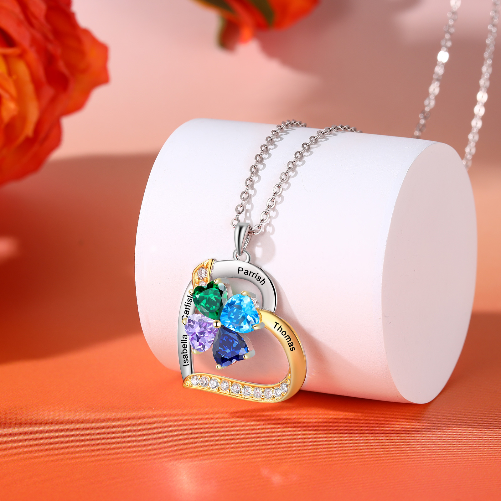 Personalised Heart Necklace with 4 Birthstones and Names Custom Mother Necklace Christmas Gift for Her-Jessemade AU