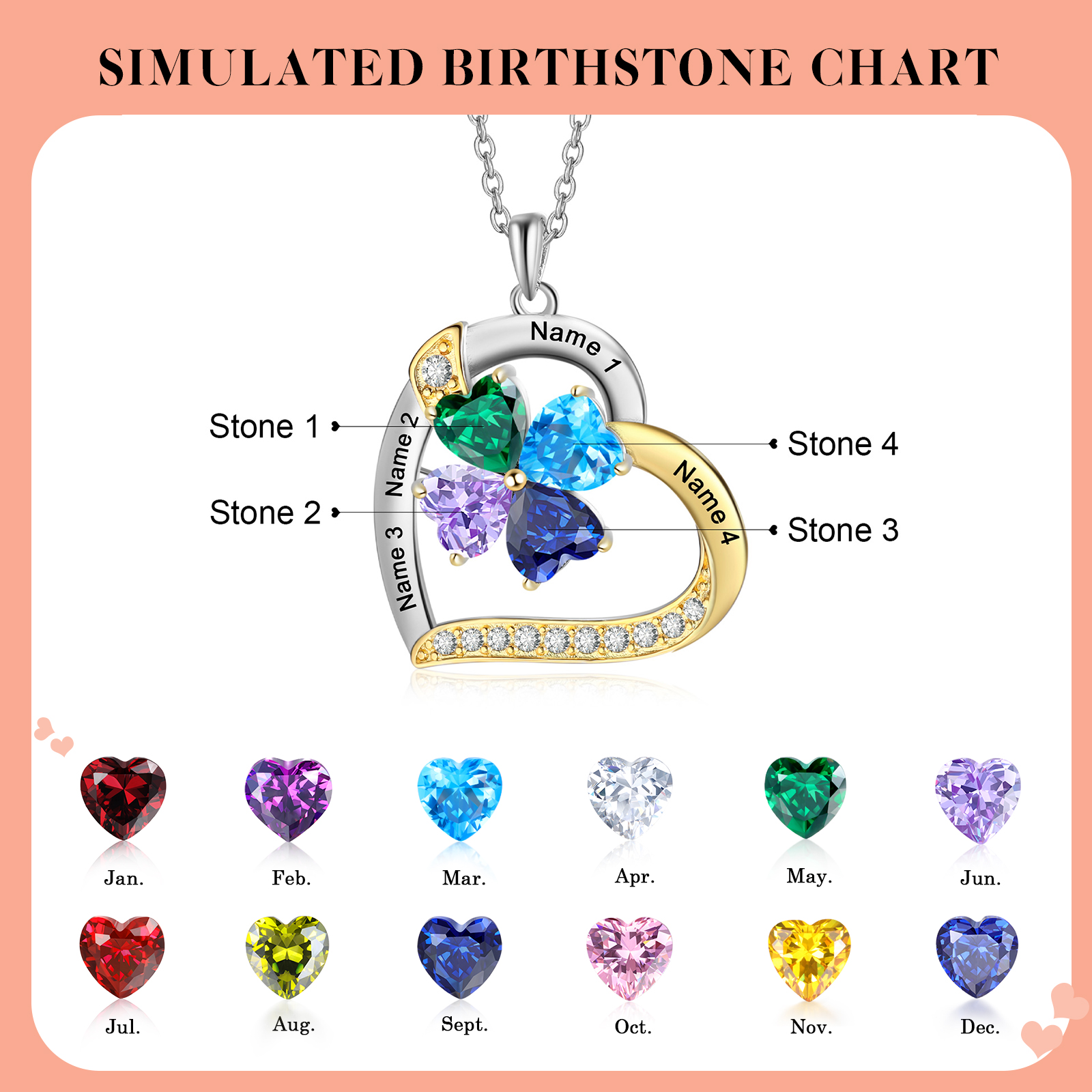 Personalised Heart Necklace with 4 Birthstones and Names Custom Mother Necklace Christmas Gift for Her-Jessemade AU
