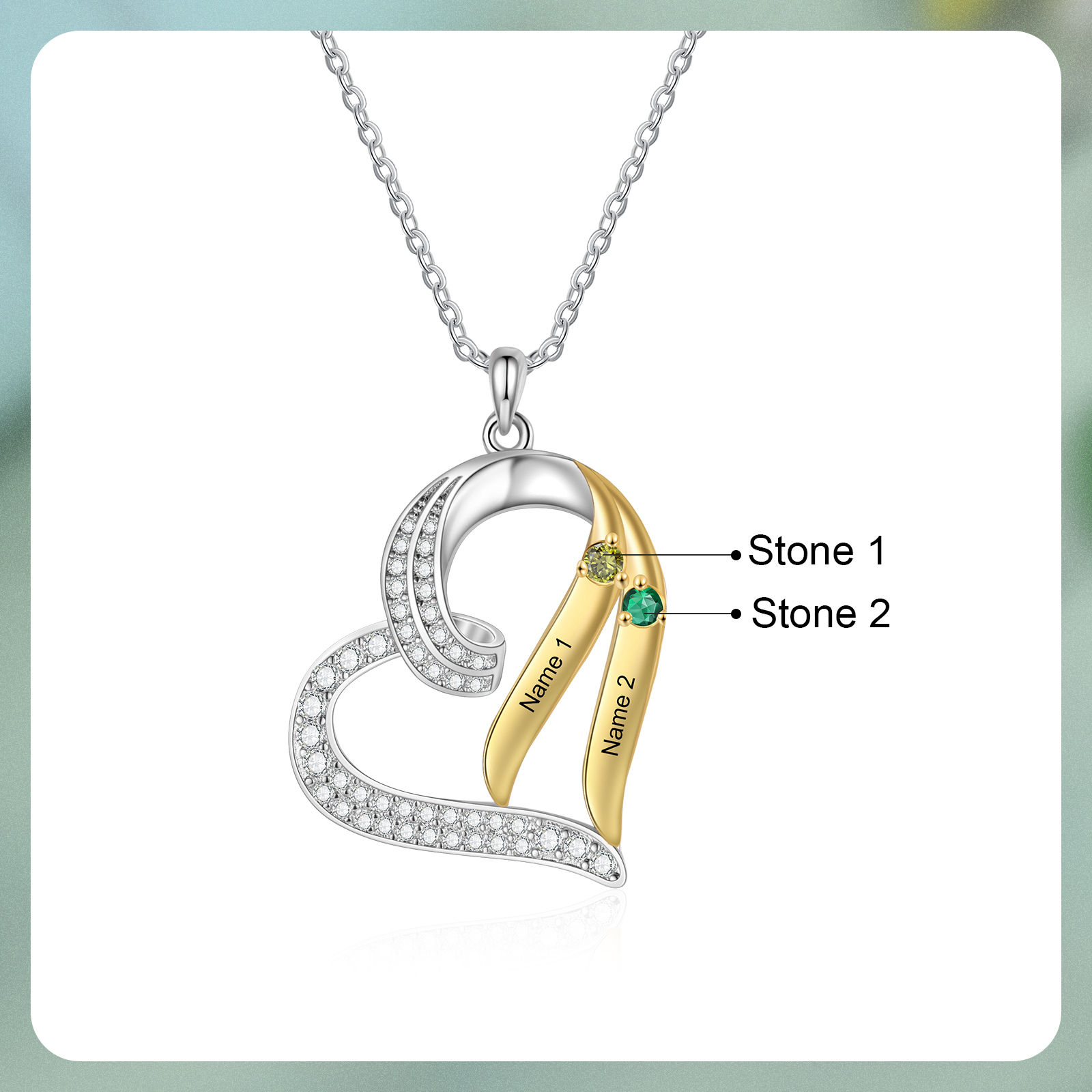 Personalised Birthstone Heart Necklace Custom 2 Names & Stones Ideal Christmas Gift for Family-Jessemade AU