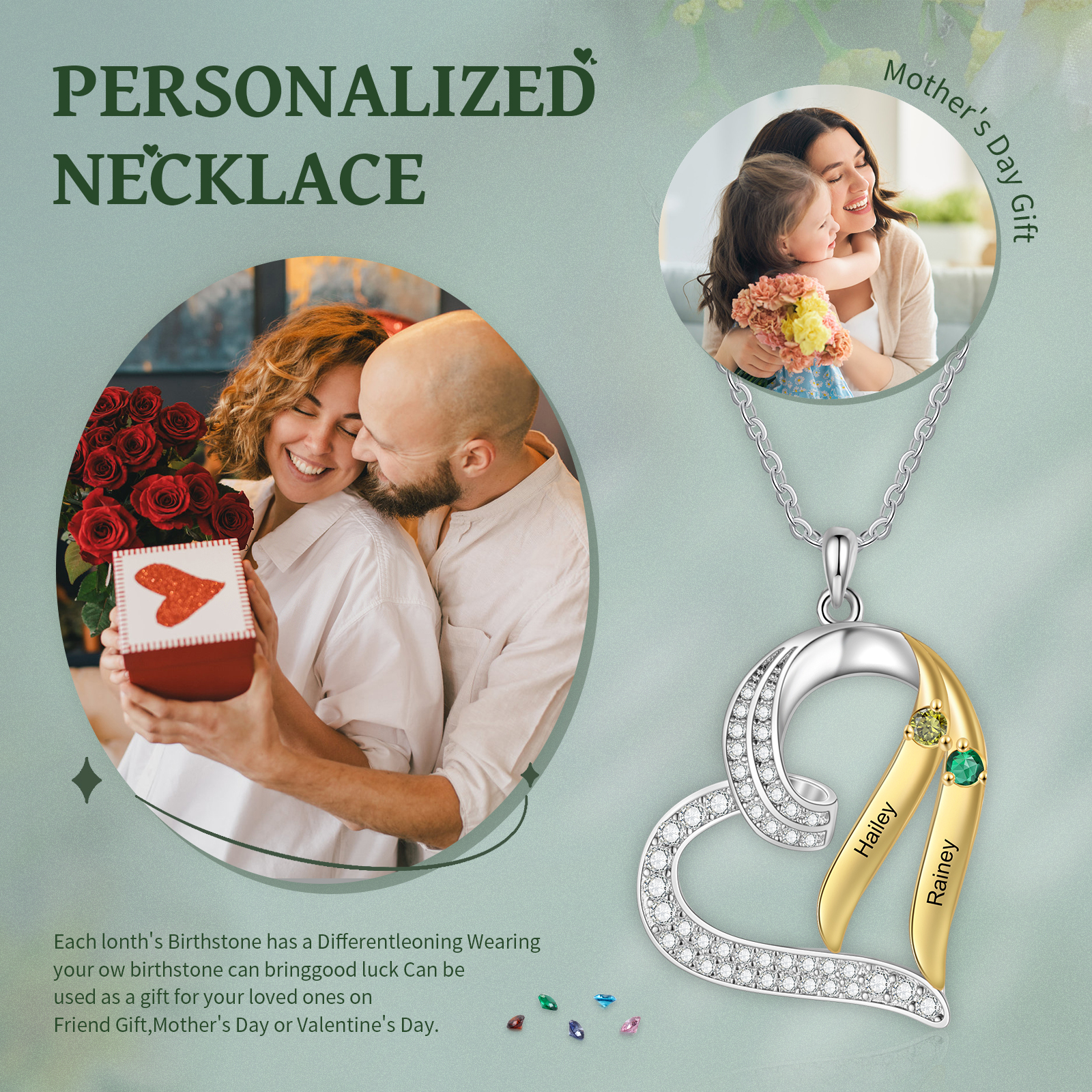 Personalised Birthstone Heart Necklace Custom 2 Names & Stones Ideal Christmas Gift for Family-Jessemade AU
