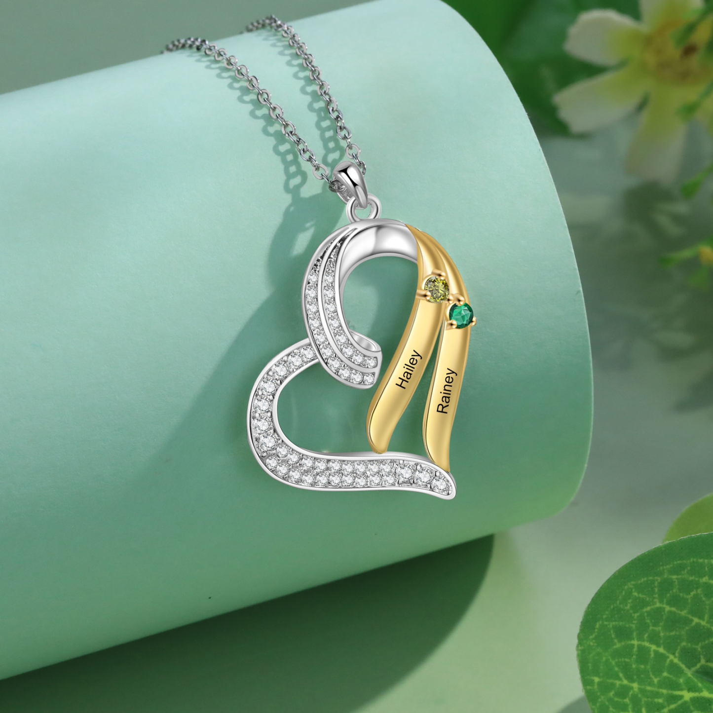 Personalised Birthstone Heart Necklace Custom 2 Names & Stones Ideal Christmas Gift for Family-Jessemade AU