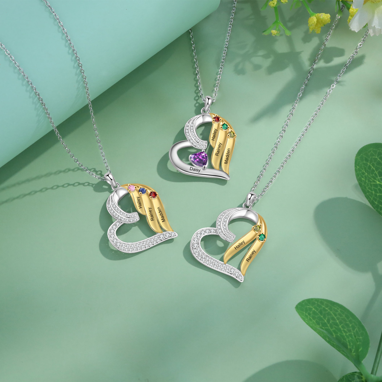 Personalised Birthstone Heart Necklace Custom 2 Names & Stones Ideal Christmas Gift for Family-Jessemade AU