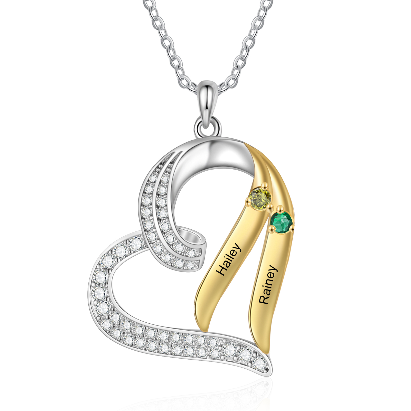 Personalised Birthstone Heart Necklace Custom 2 Names & Stones Ideal Christmas Gift for Family