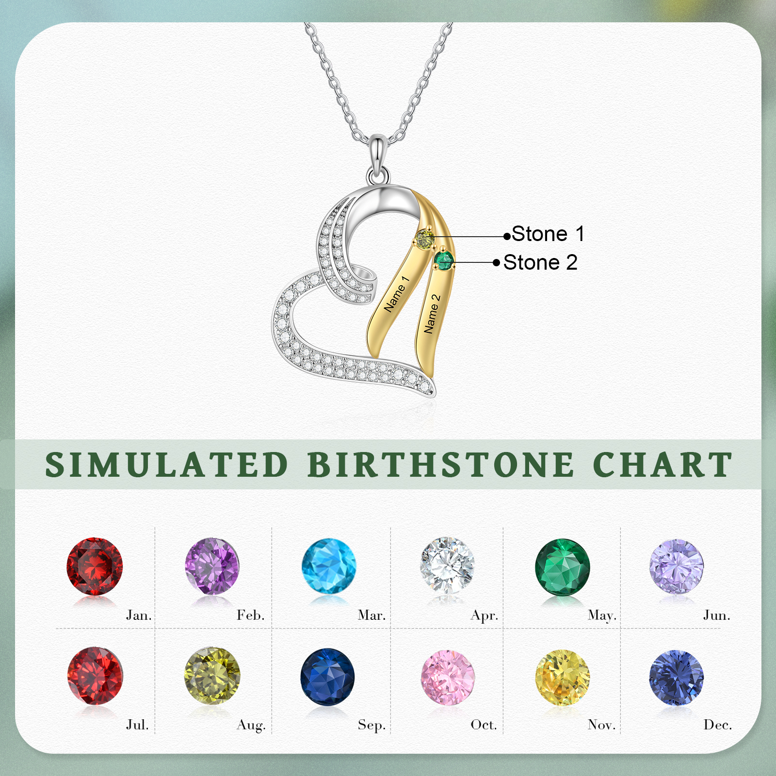 Personalised Birthstone Heart Necklace Custom 2 Names & Stones Ideal Christmas Gift for Family